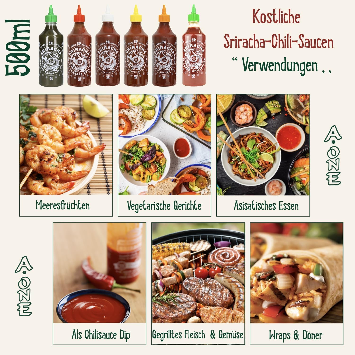 A-ONE Sriracha Salsa Juego de 12 x 500 ml – Salsa de chile con 6 sabores por 2 botellas – Clásica, Super caliente, ajo, limoncillo, jengibre, verde, paquete de ventaja, vegetariano