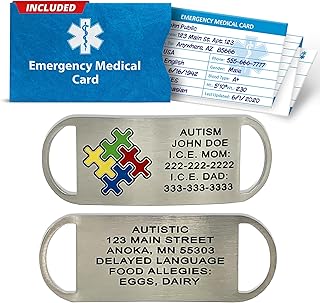 Autism Identification Shoe Tags for Nonverbal – Durable Stainless Steel Medical ID with Waterproof & Weatherproof Design – Custom Engraving, Medical Alert Symbol, Wallet Card, & Online Medical Portal