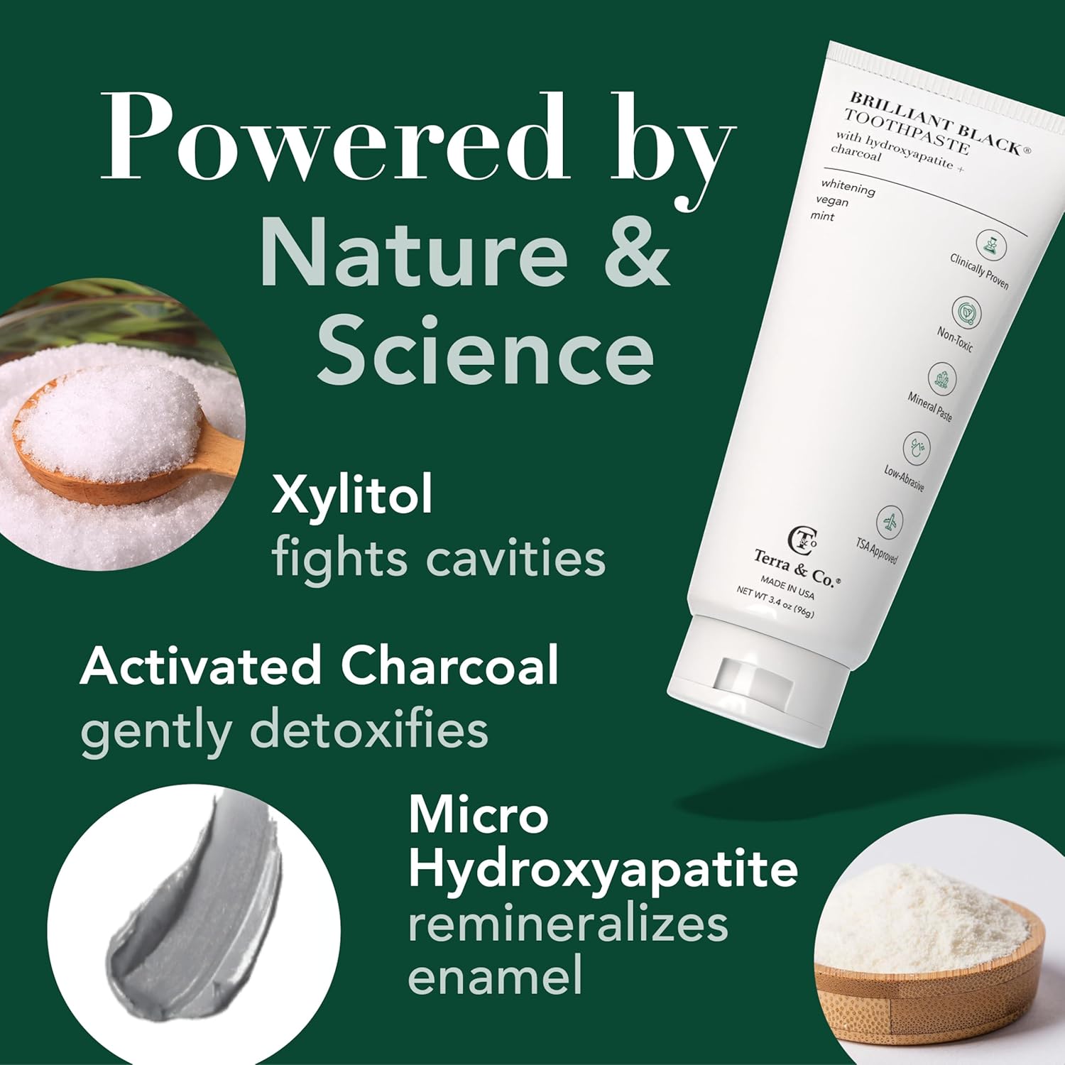 Terra & Co. Brilliant Black Hydroxyapatite Toothpaste for Whitening Teeth – USA-Made - Natural Remineralizing Toothpaste, Fluoride-Free, Vegan, SLS-Free, Low Abrasion – Mint, 3.4 oz - Image 3