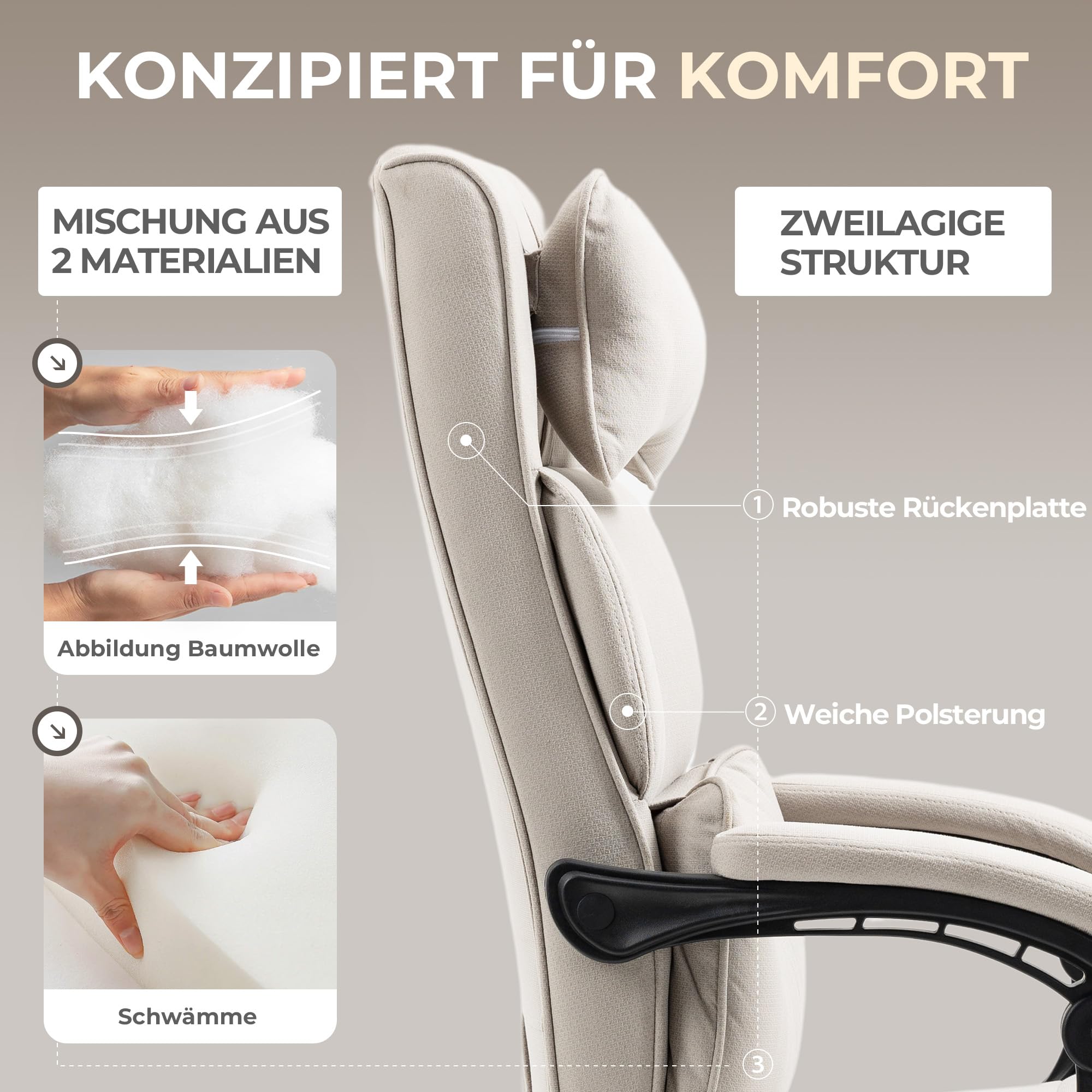 Dowinx Bürostuhl Ergonomisch mit Fußstütze und gepolsterten Armlehnen, ergonomischer Bürostuhl aus Stoff, Drehstuhl mit hoher Rückenlehne, Höhenverstellbar, 150 kg, Beige