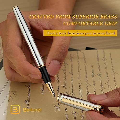 Miniatura 4 de BEILUNER Bolígrafo Rollerball de lujo, impresionante cromo plateado con acabado de oro de 24 quilates, diseños nobles y elegantes, repuesto de tinta