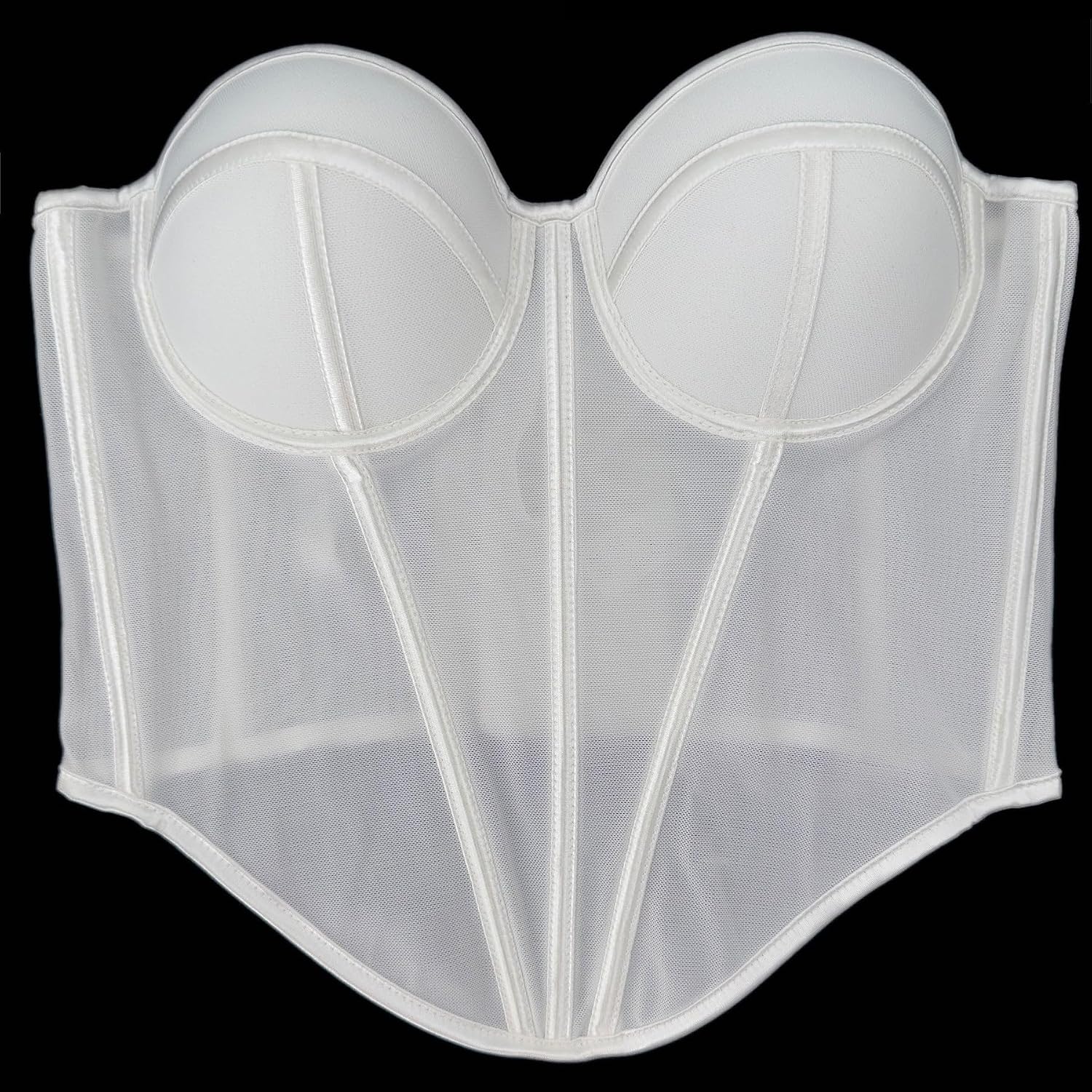 ELLACCI Women's White Mesh Corset Top with White Trim Spaghetti Strap Push-Up Bustier Tops