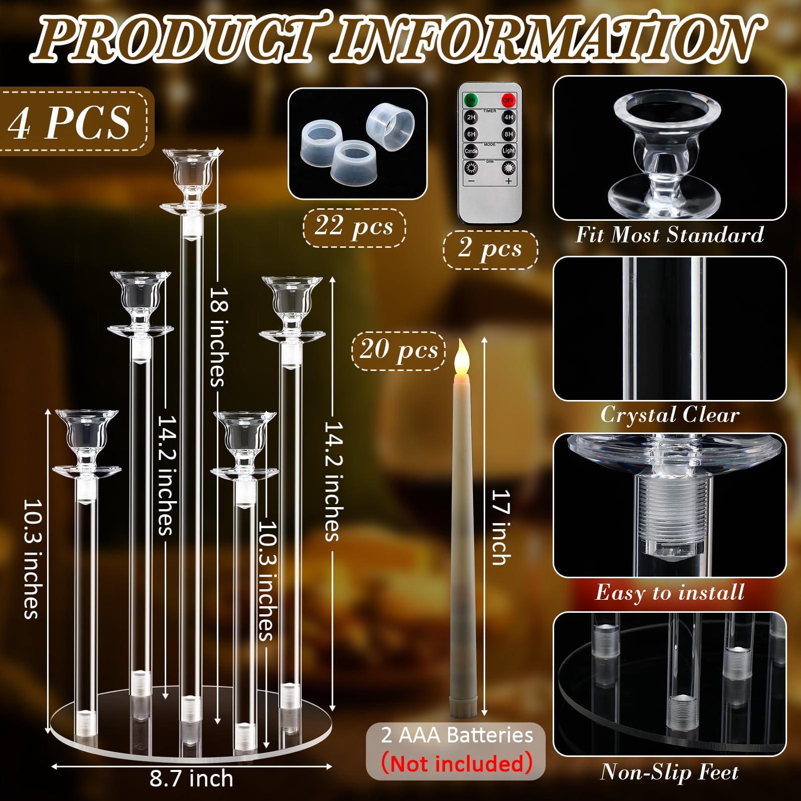 Barydat 4 Set Acrylic Candelabra Centerpiece Clear Candle Holders with 20 LED Candles 5 Arm Holder for Tables with Remote Timer and Rubber Candle Rings Wedding Party Decor