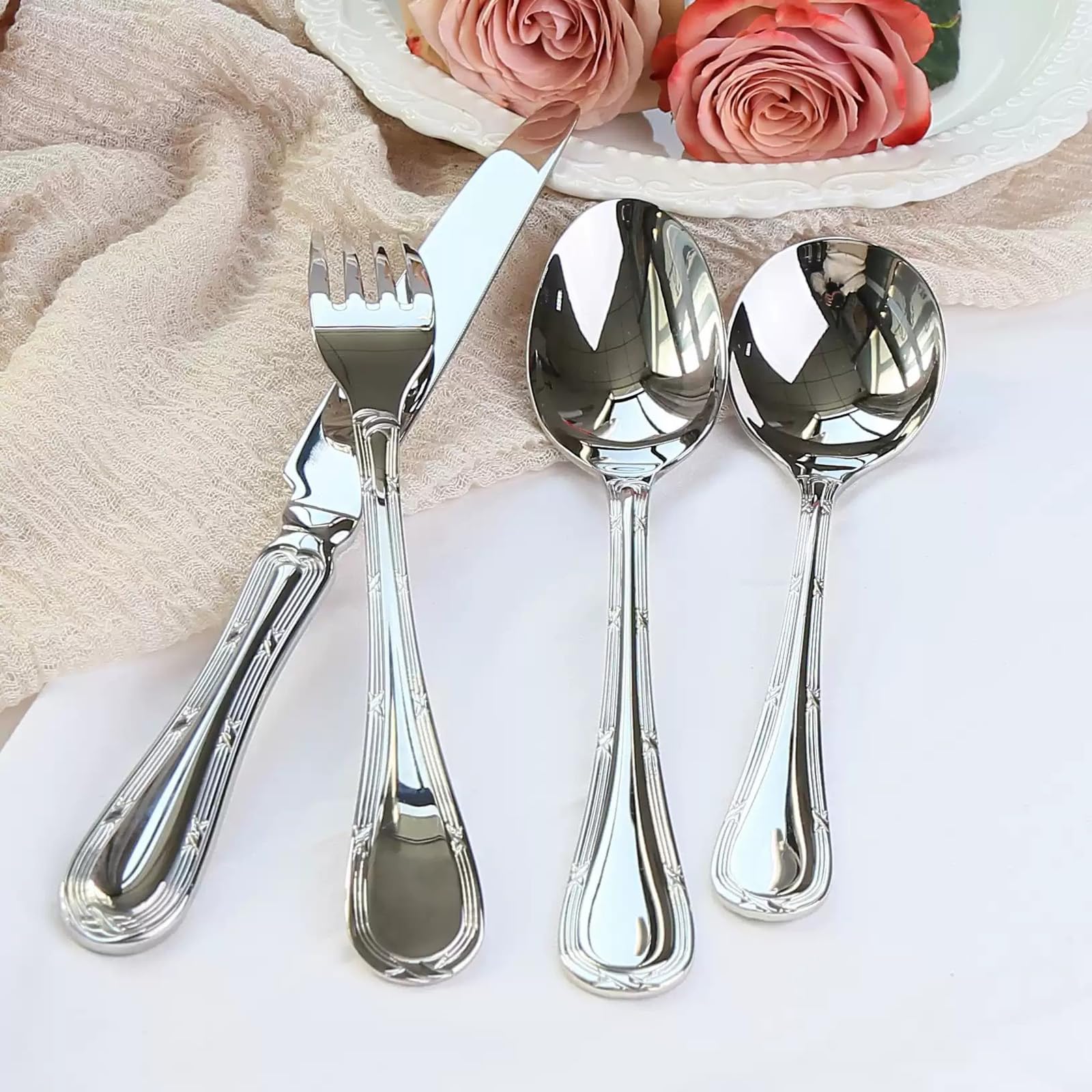 48 Pieces Silverware Set,18/8 stainless steel set for 12,Flatware set Water droplet gold/silver, Fine Silverware set and Dishwasher Safe
