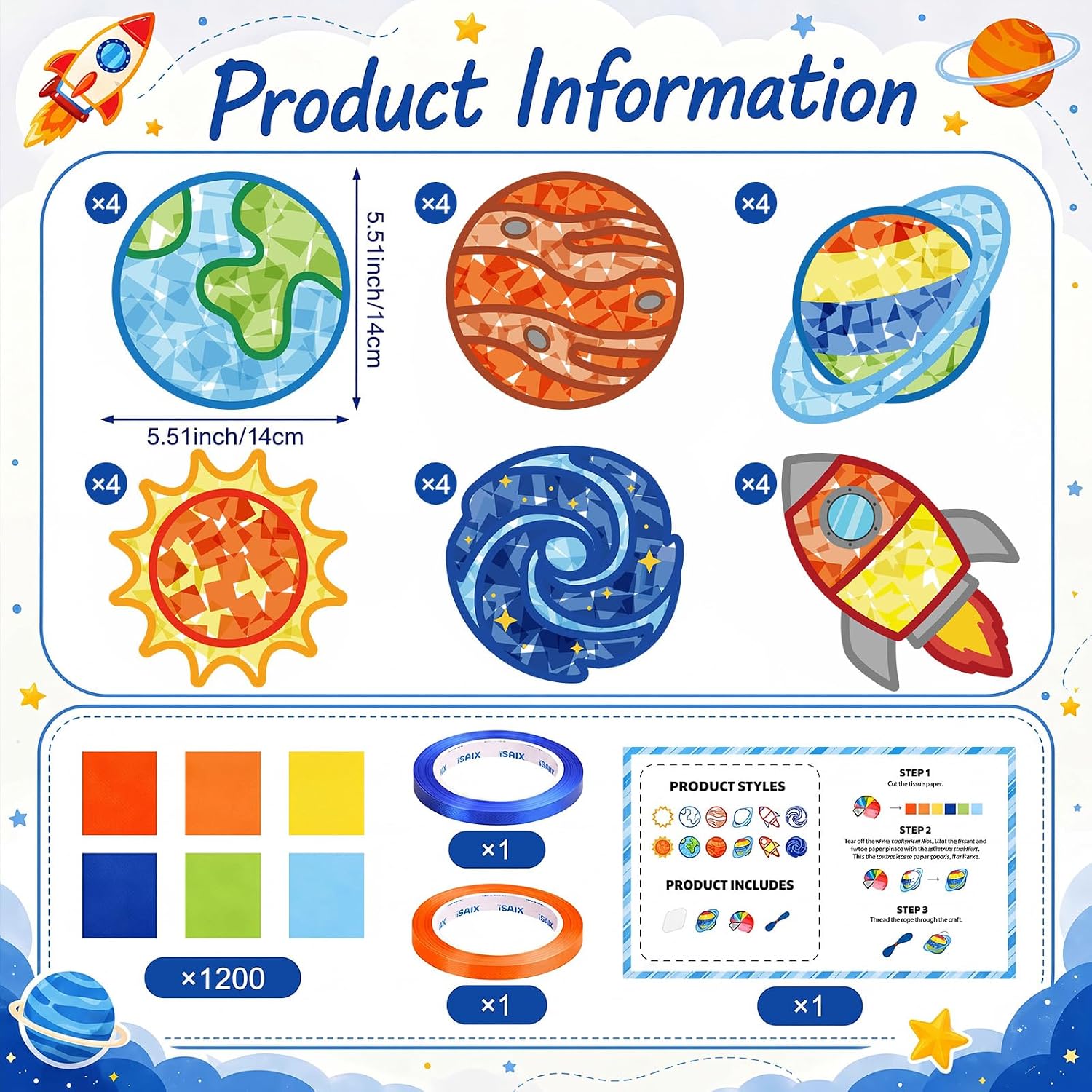 Feifeiya 24 Sets Outer Space Suncatchers Crafts DIY Window Tissue Paper Suncatchers Solar System Craft Make Your Own Hanging Ornaments for Space Themed Holiday School Party Activities Art Projects