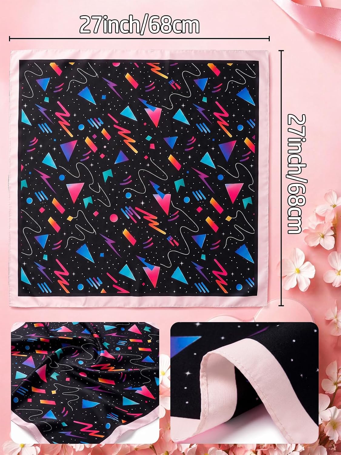 80s 90s Bandana Satin Silk Square Scarf Unisex 27" Diso Party Handkerchief