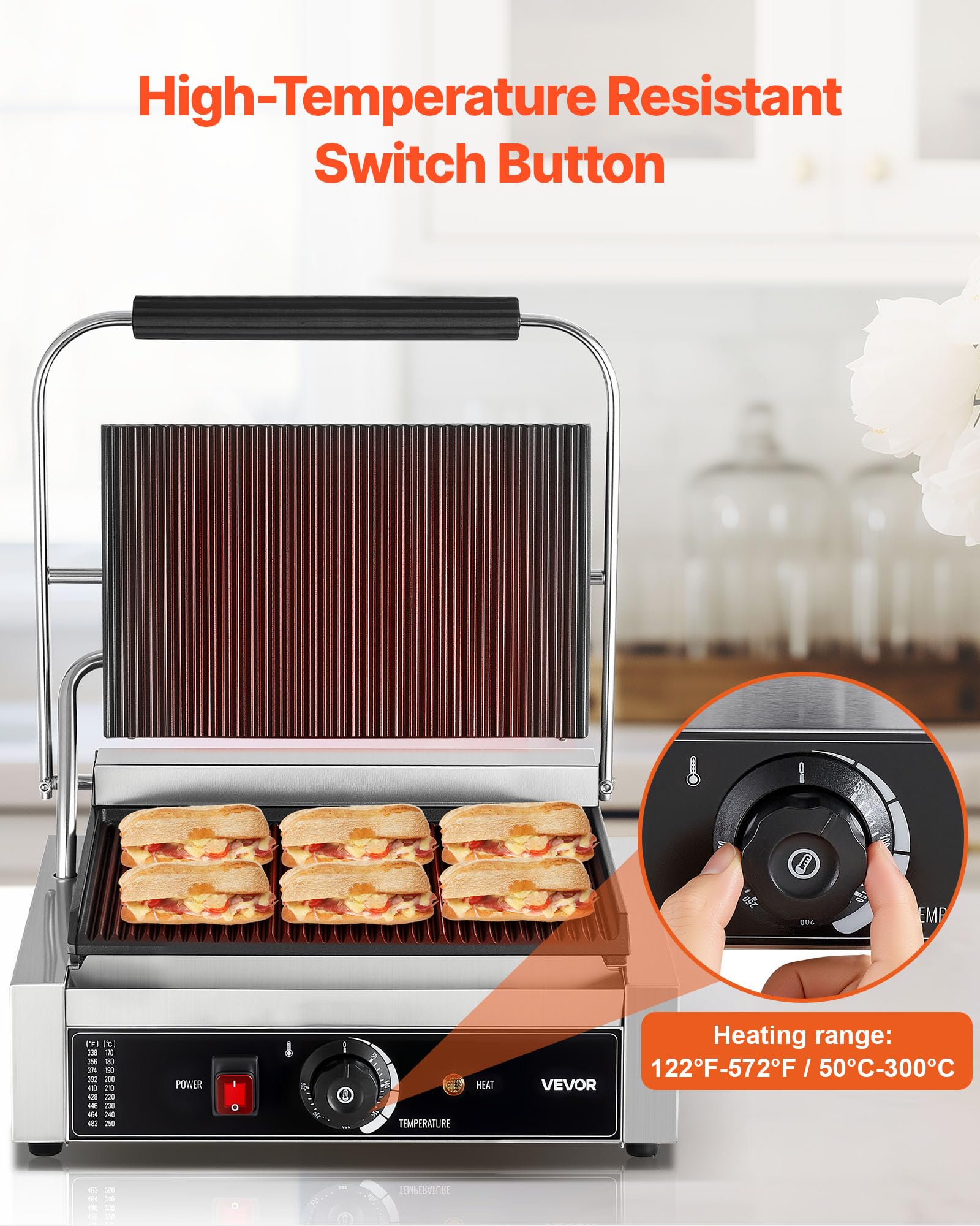 VEVOR Piastra Elettrica per Panini Professionale, 2200 W, in Acciaio Inox con Maniglia e Controllo della Temperatura, Piastra Smaltata Scanalata Completa da 34 x 23 cm, per Bistecche, Pancetta