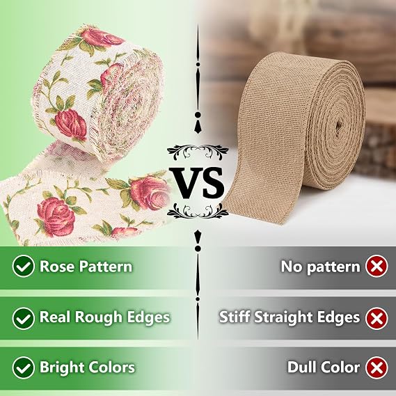 Rose Printed Burlap Ribbon for Flower Bouquet, Fabric Ribbon for Gift Wrapping, Jute Ribbon for DIY Decoration, 32.8ft Long x 2.0in Wide