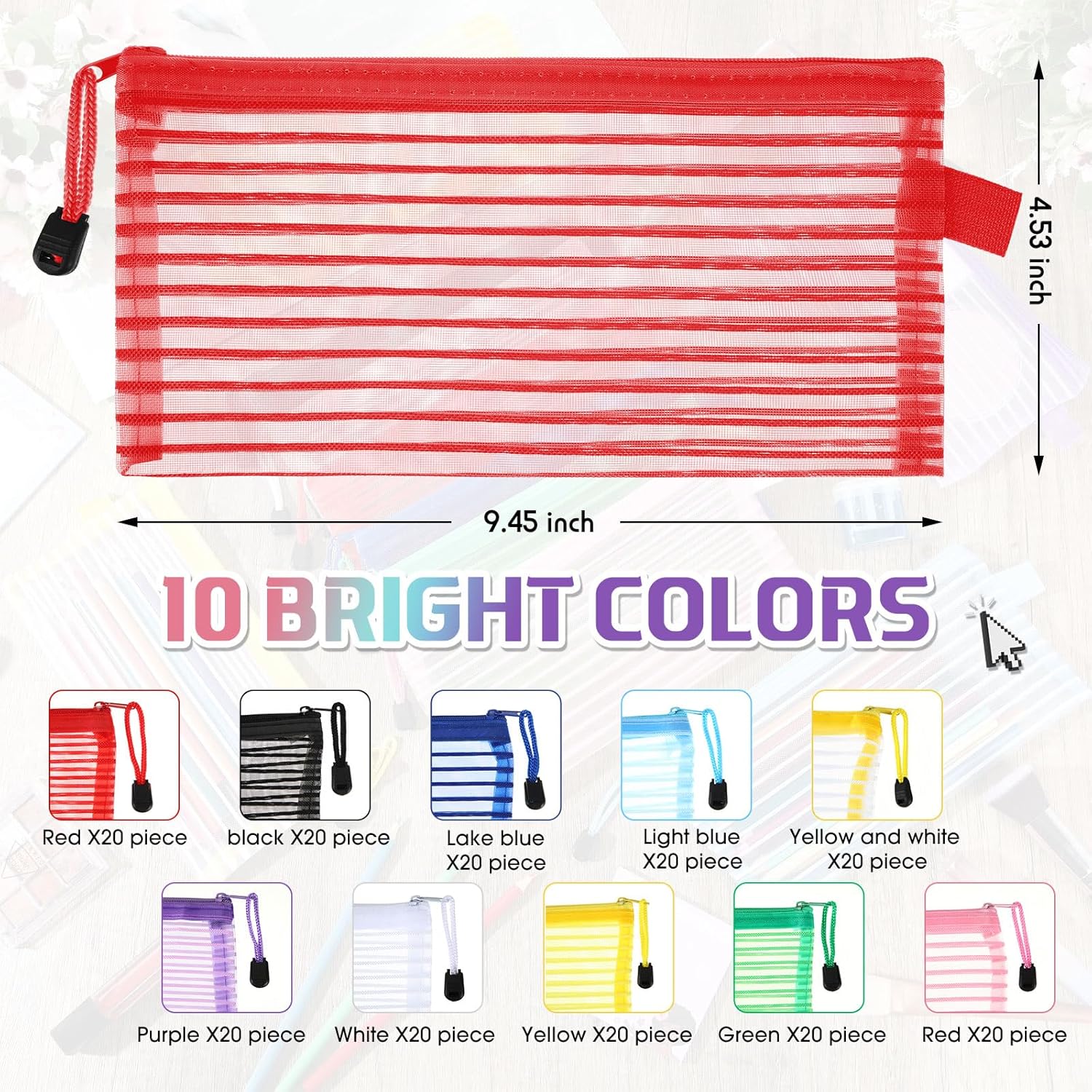 Zhehao 200 Pieces A6 Mesh Zipper Pouch Bulk Mesh Bags with Zipper Waterproof Small Pencil Pouches for School Office Supplies Organization 9.4 x 4.5 Inches (Bright Colors) - Image 2