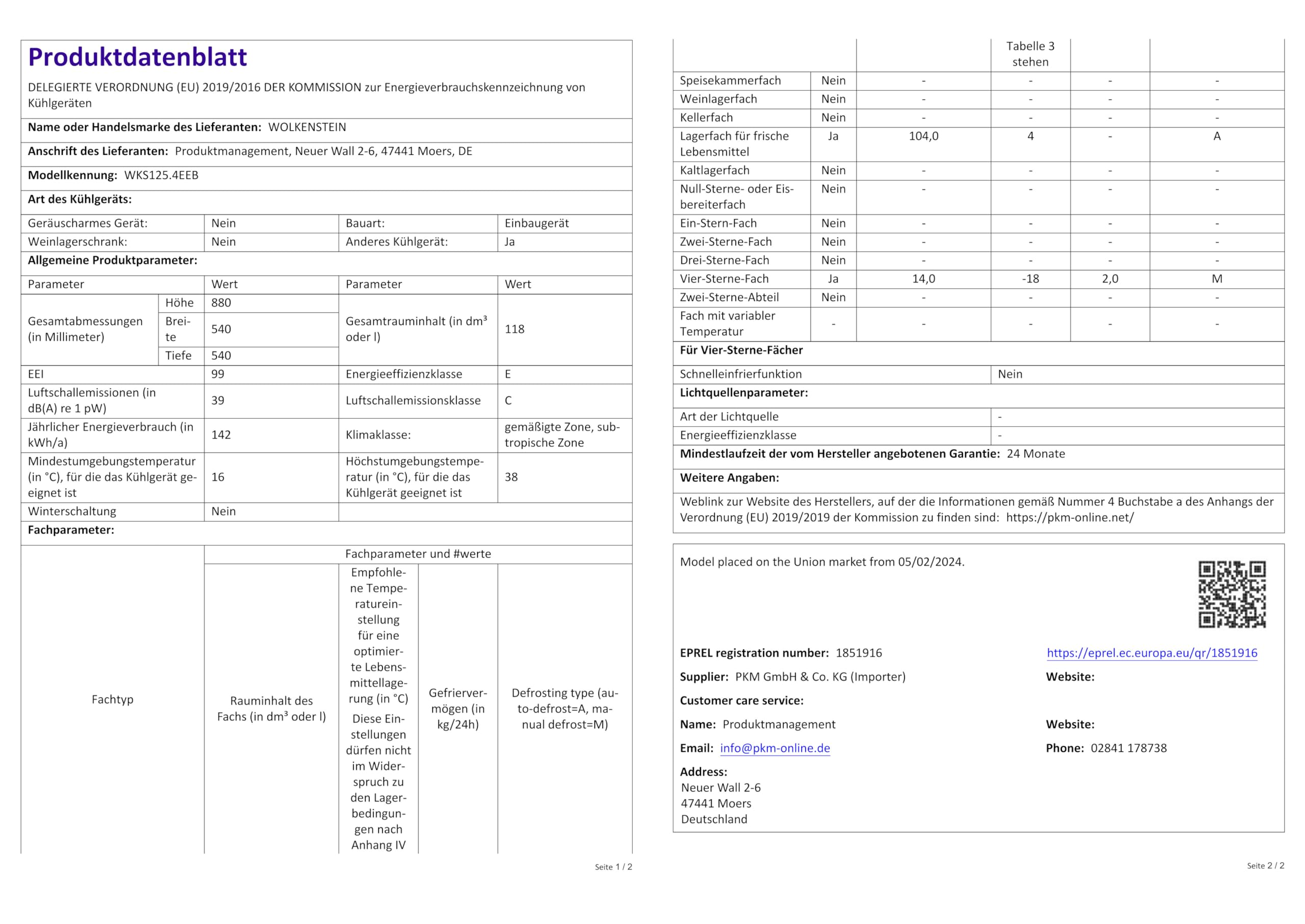Wolkenstein WKS125.4EEB Einbaukühlschrank mit Gefrierfach | 118 Liter Nutzinhalt | 4 Sterne gefrierfach | Wechselbarer Türanschlag | LED Beleuchtung | 39 dB | 54 cm Breite | Weiß