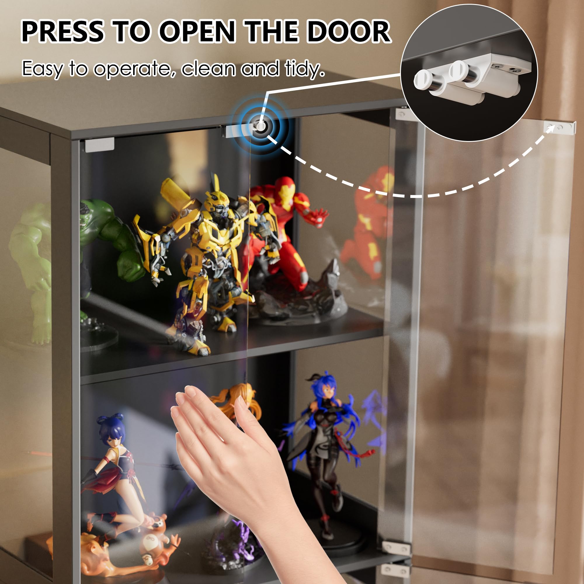 MSFE Glas Vitrinenschrank mit LED, Schaukasten Vitrine mit Intelligente Sensorik, 4 Lagen Glasvitrine Staubdicht, Sammlervitrine Schwarz, für Wohnzimmer, Schlafzimmer, Büro, Jede Schicht trägt 15 kg