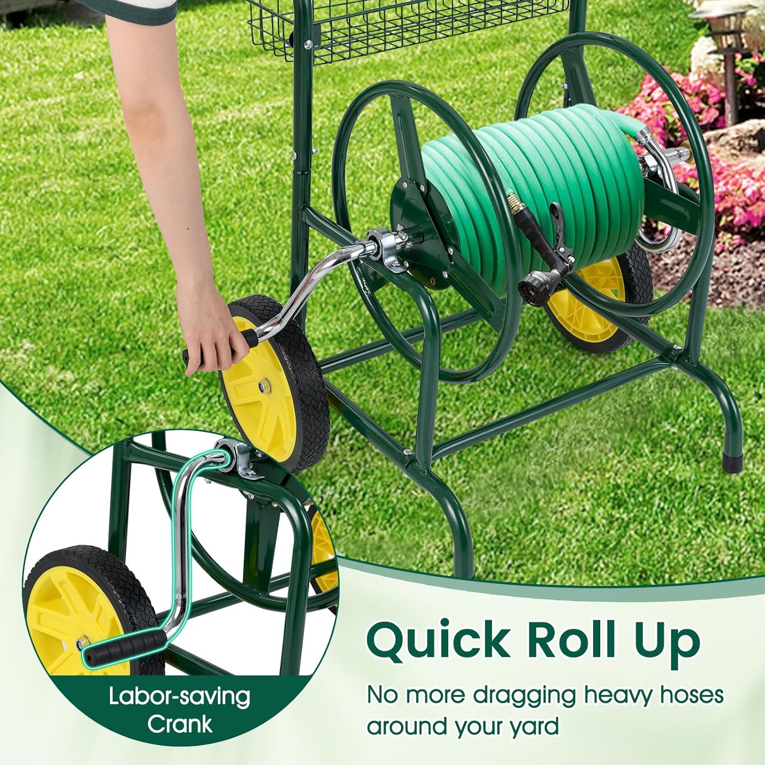 Goplus Garden Hose Reel Cart, 230 FT of 5/8" Large Capacity, Heavy-Duty Metal Hose Cart w/ 2 Wheels, Storage Basket, Portable Water Hose Organizer for Outside Yard, Outdoor Planting Tool (Green)