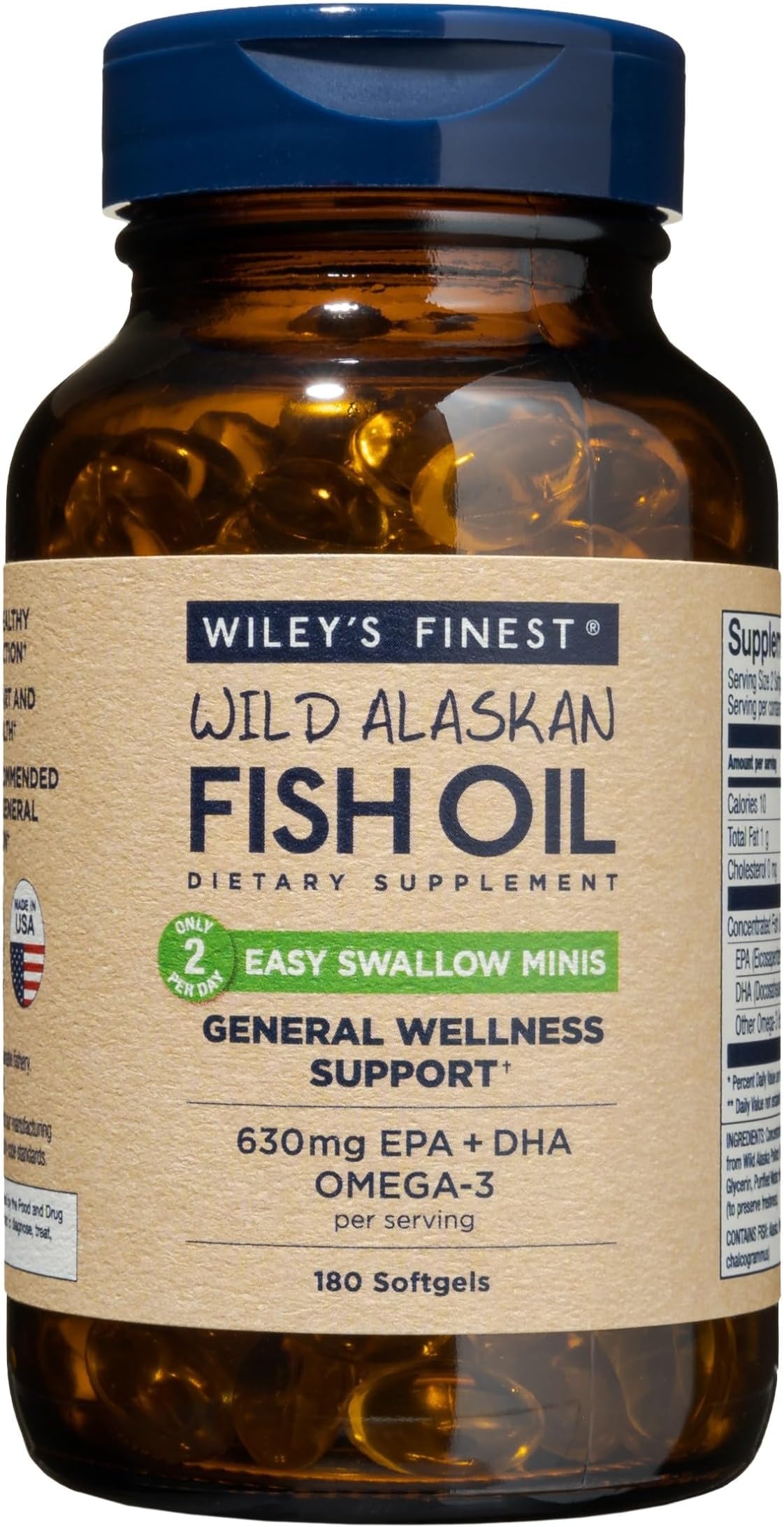 Wiley's Finest Wild Alaskan Fish Oil Easy Swallow Minis - Omega-3 Fish Oil Supplement for Adults and Kids - Double-Strength 630mg EPA and DHA Natural Supplement - 180 Mini Softgels (90 Servings)