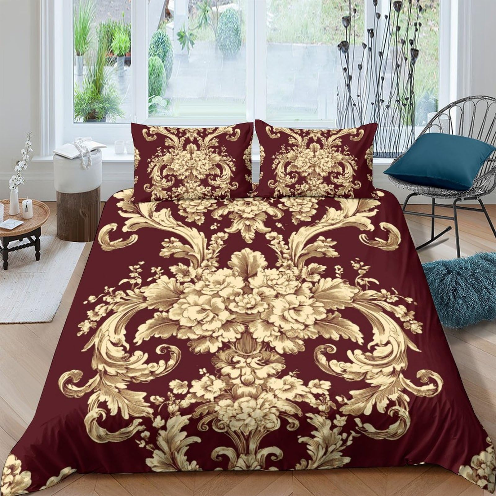 GPLZQXKJNH 3D Printed Baroque Floral Duvet Cover Microfiber Soft Breathable Vintage Ornate Bedding Set with 2 Pillowcases for Bedroom Decor Single（135x200cm）