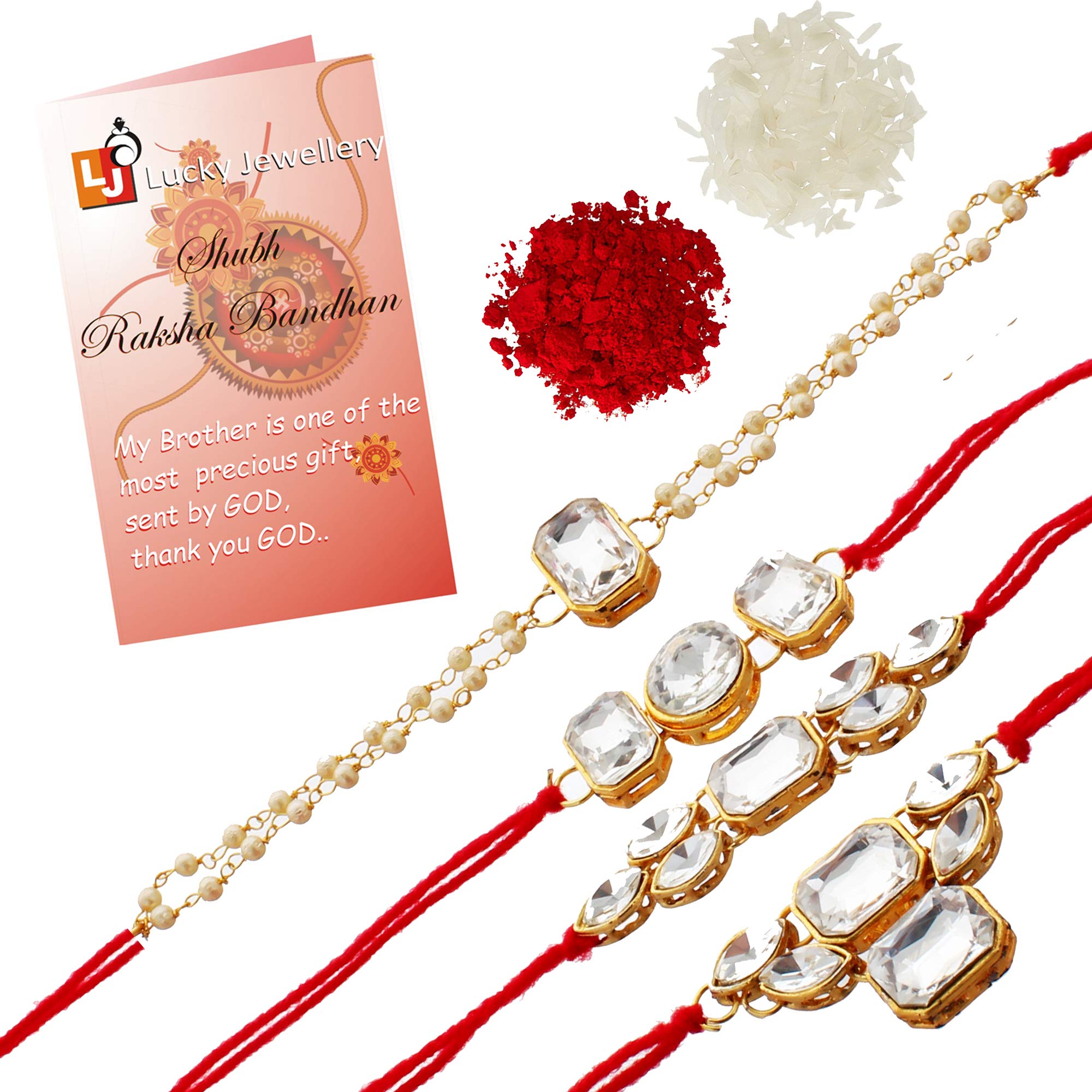 Lucky Jewellery Designer Fancy Traditional Rakhi Gold Plated Red Thread for Bro/Brother/Bhaiya/Bhai/Bhabhi (Pack of 4) Rakshabandan Rakhe White Stone Rakhee Bracelet For Unisex Adult (B07V2VBYRX) Amazon Price History, Amazon Price Tracker