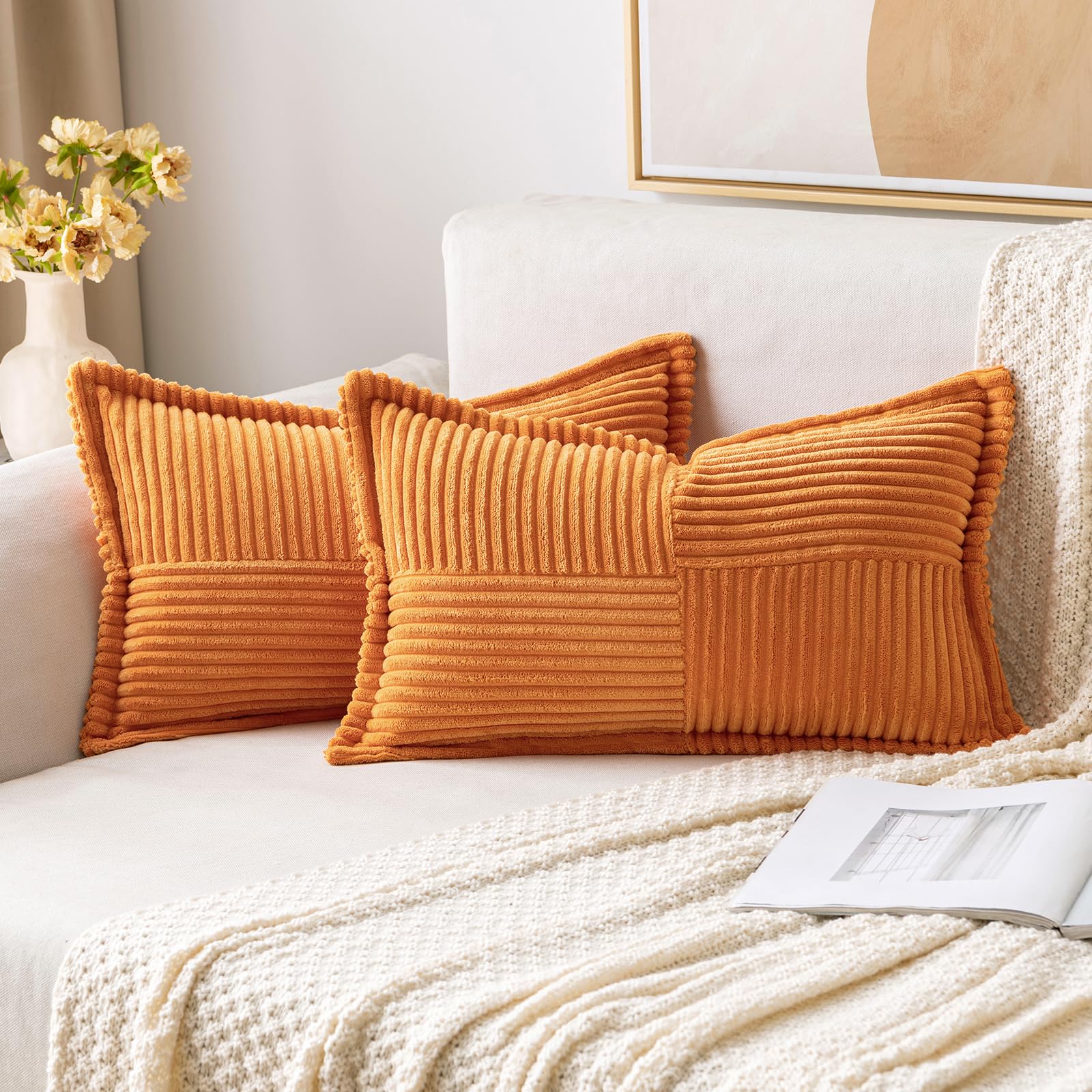 MIULEE Fall Burnt Decorative Lumbar Throw Pillow Covers 12x20 Inch | 2 Pack, Boho Broadside Striped Patchwork Pillow Covers, Soft Corduroy Cushion Cases, For Couch Sofa Bed Livingroom Home Decor