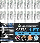 CableGeeker Cat6A Ethernet Patch Cable 0.5ft 24Pack White,High-Speed 10Gpbs, 550MHz Slim Patch Cables, 28AWG Flexiable Network Cord with Gold Plated, Snagless Internet Cord for Patch Panel