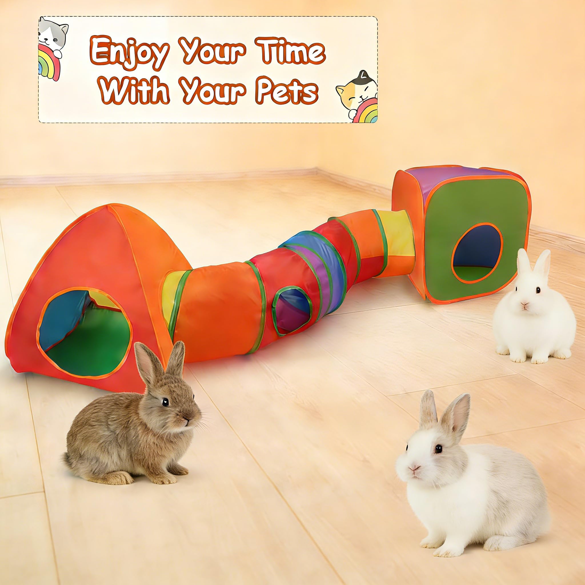 YUEPET Tunnel et tente cube pour lapin, cachette de lapin, tunnel pour cochon d'Inde, arc-en-ciel | Tunnel de lapin, tissu froissé, ensemble pliable 3 en 1, balle de jeu incluse, formes configurables, motif arc-en-ciel