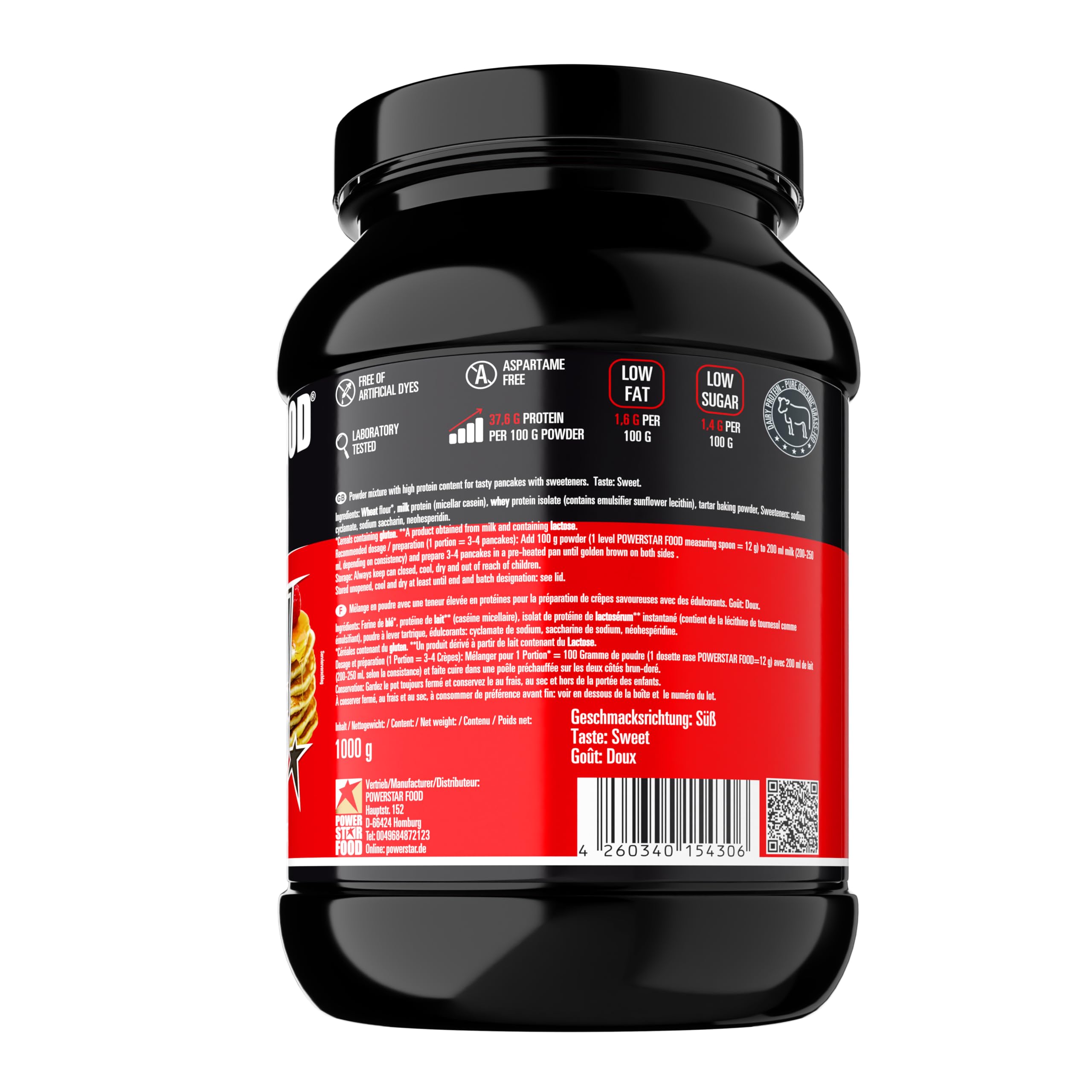 Pancakes de proteínas, 1000 g, mezcla de panqueques bajos en carbohidratos, solo 1,7% de azúcar y 1,2% de grasa, 41,1 g de proteína P.P. | Sabor delicioso | Perfecto para el desayuno y entre medias