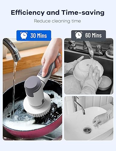 Miniatura 3 de Limpiador eléctrico giratorio, cepillo de ducha inalámbrico de doble velocidad con mango, cepillo de limpieza con IPX7 impermeable, 8 cabezales de