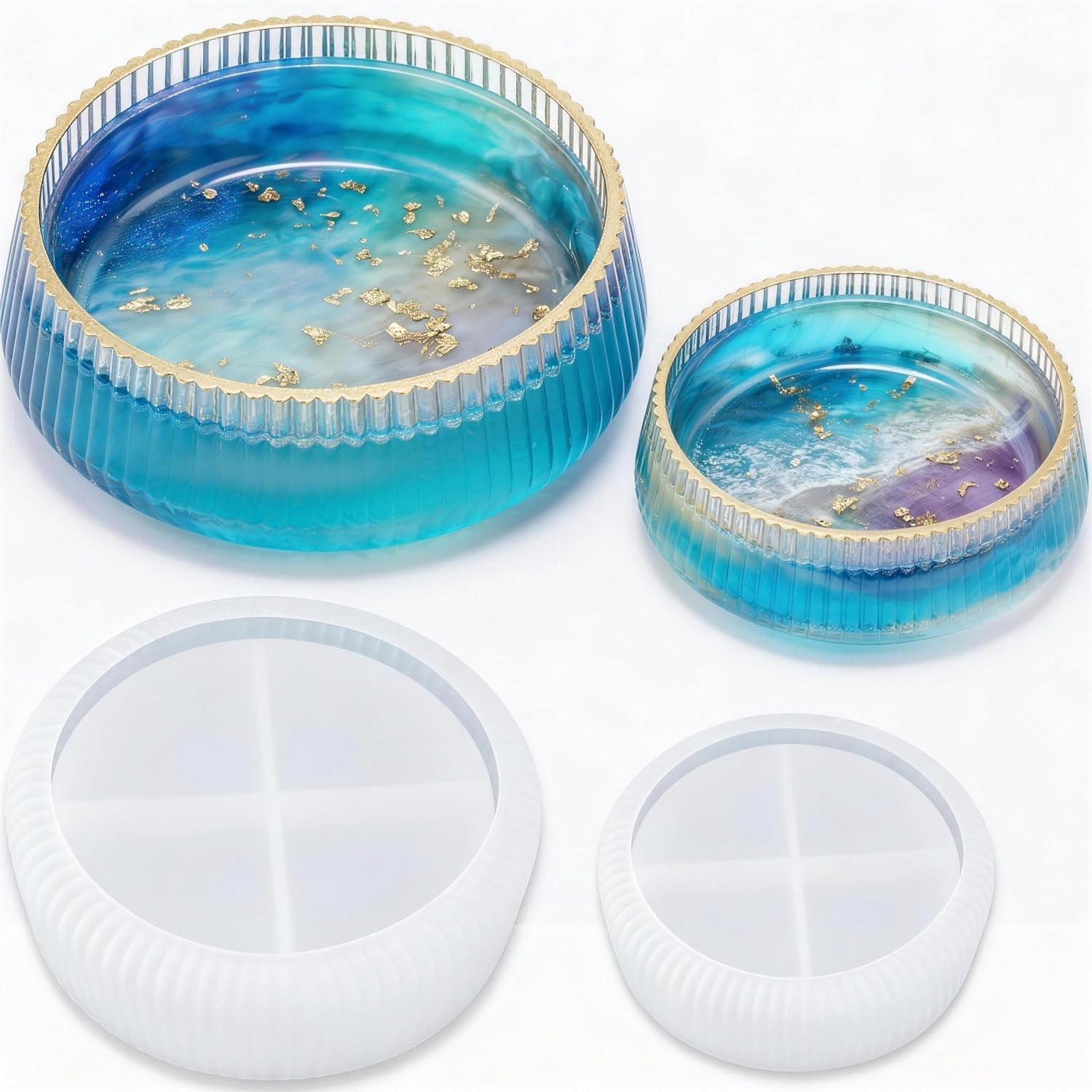 2 Pack Ribbed Resin Molds for Storage Bowl, Large Small Round Silicone Molds for Epoxy Resin, Cement, Plaster, Candle Wax, DIY Trinket Tray Jewelry Holder Container Mold