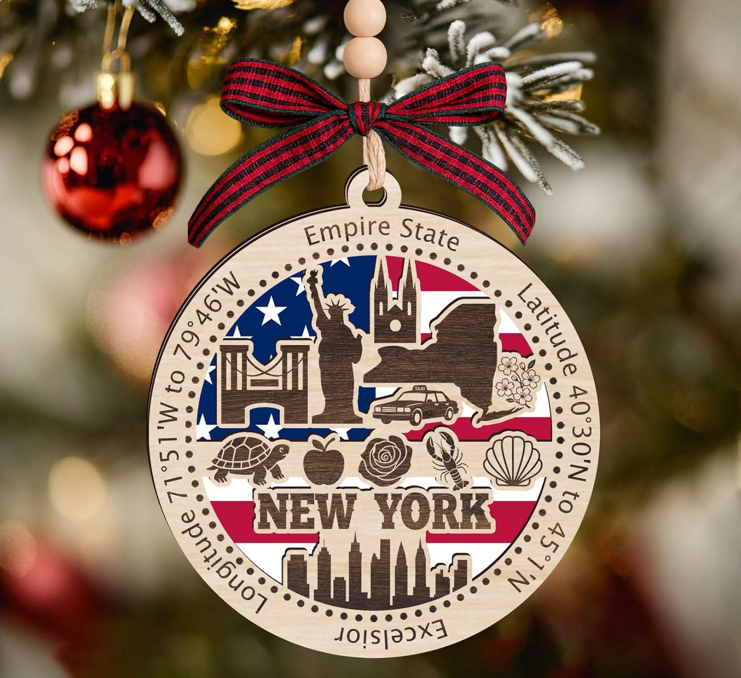 New York State Wooden Ornament - States Christmas Ornaments - Ny State - Moving to New York Gift - First Christmas to Ny - 2 Layer Ornament Wooden 4Inch