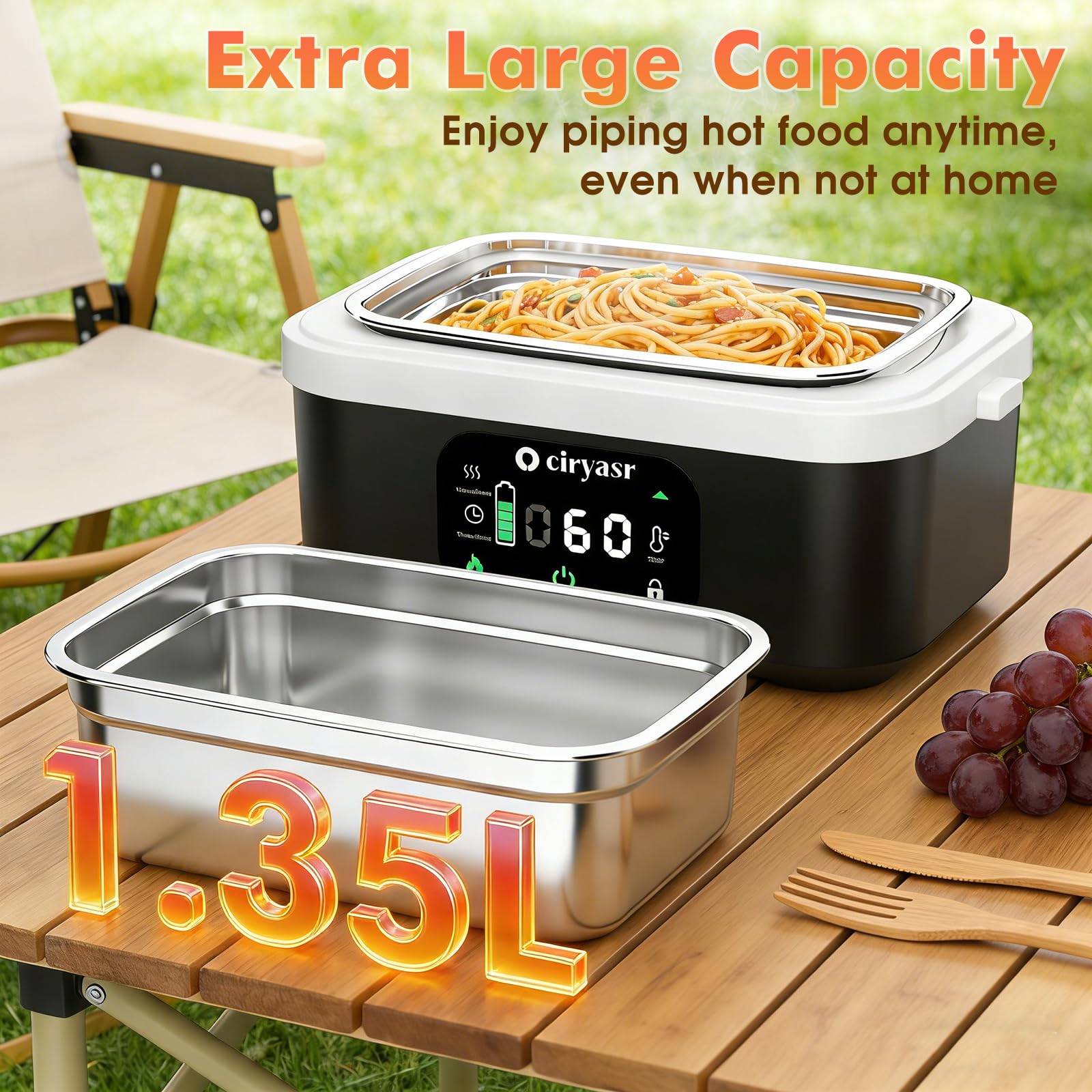 CIRYASR Scaldavivande Elettrico Portatile a Batteria 20000mAh, 100W Ricaricabile Lunch Box con Contenitore Interno da 1,35L in Acciaio Inox e Posate, Scaldavivande Senza Fili per Ufficio Auto Viaggi