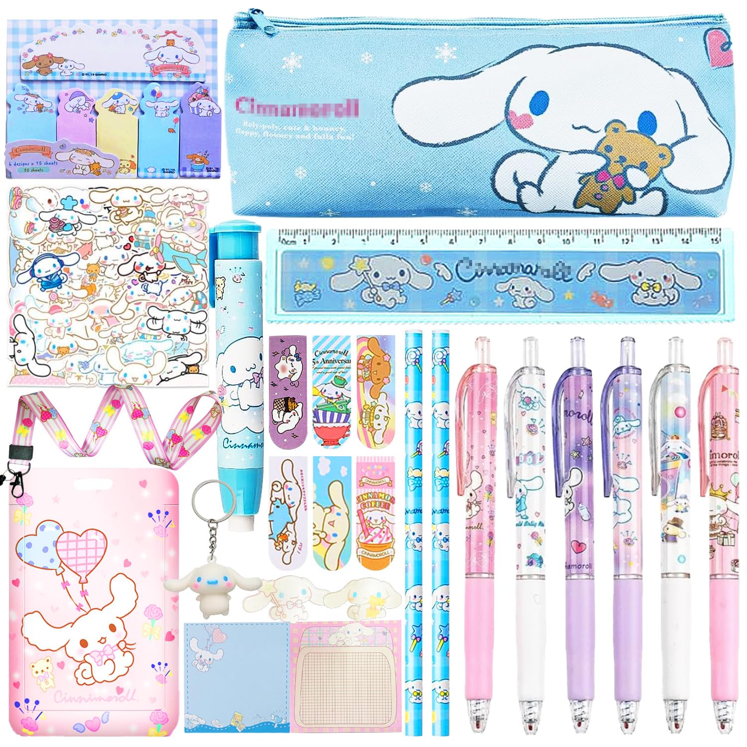 Juego de Suministros Escolares,Papelería Kawaii,Incluye Estuche Lápices,Notas Adhesivas,Pegatinas,Lápiz,Llavero,Regla,Notas Adhesivas,Juego de Regalo de Papelería para Niños