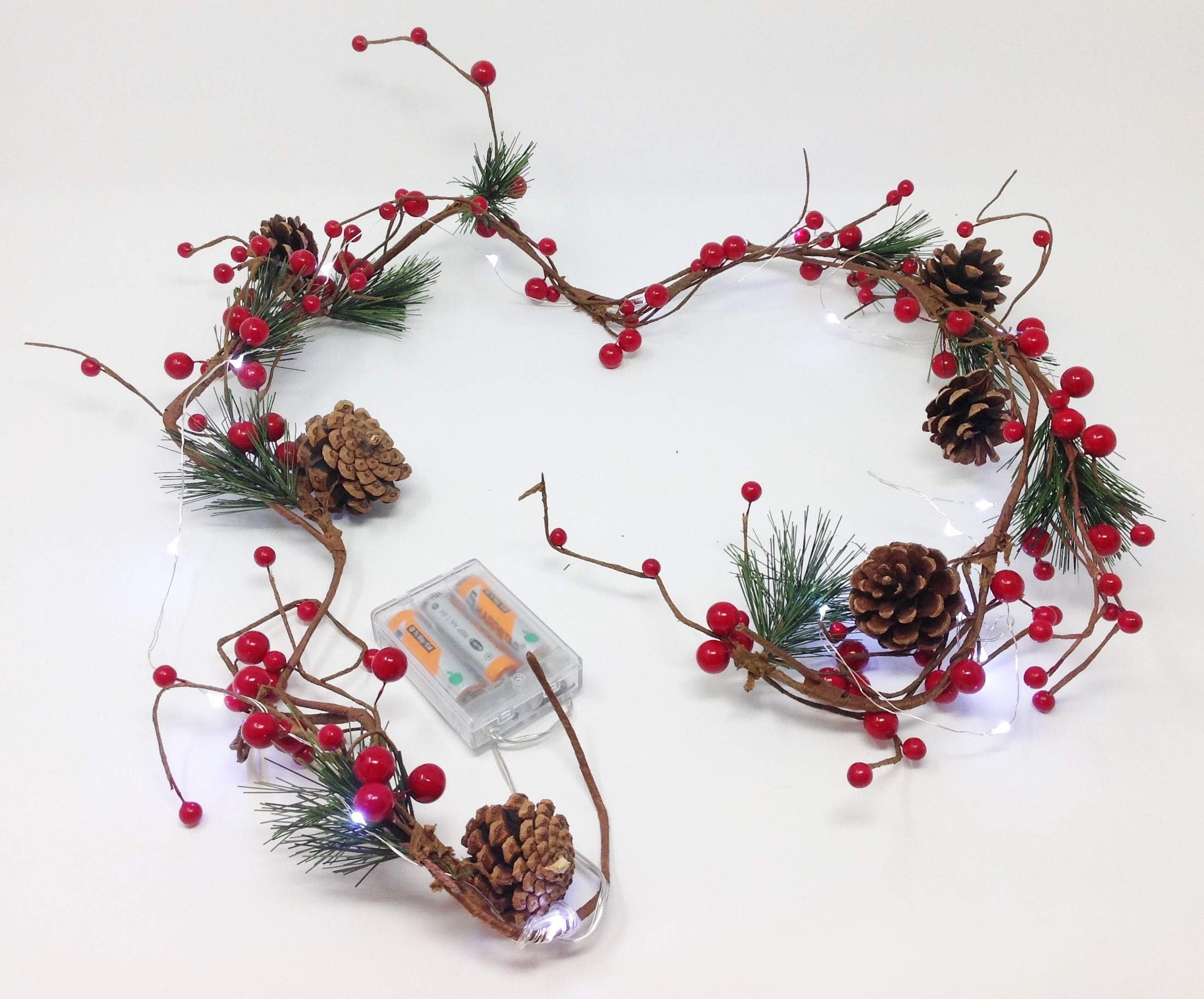 Traditional Red Berry Pine Cone Christmas Garland. Lights Up. 20 LED Micro Lights. 3 AA Batteries not included 1.4 m (4ft 7ins) in Length.