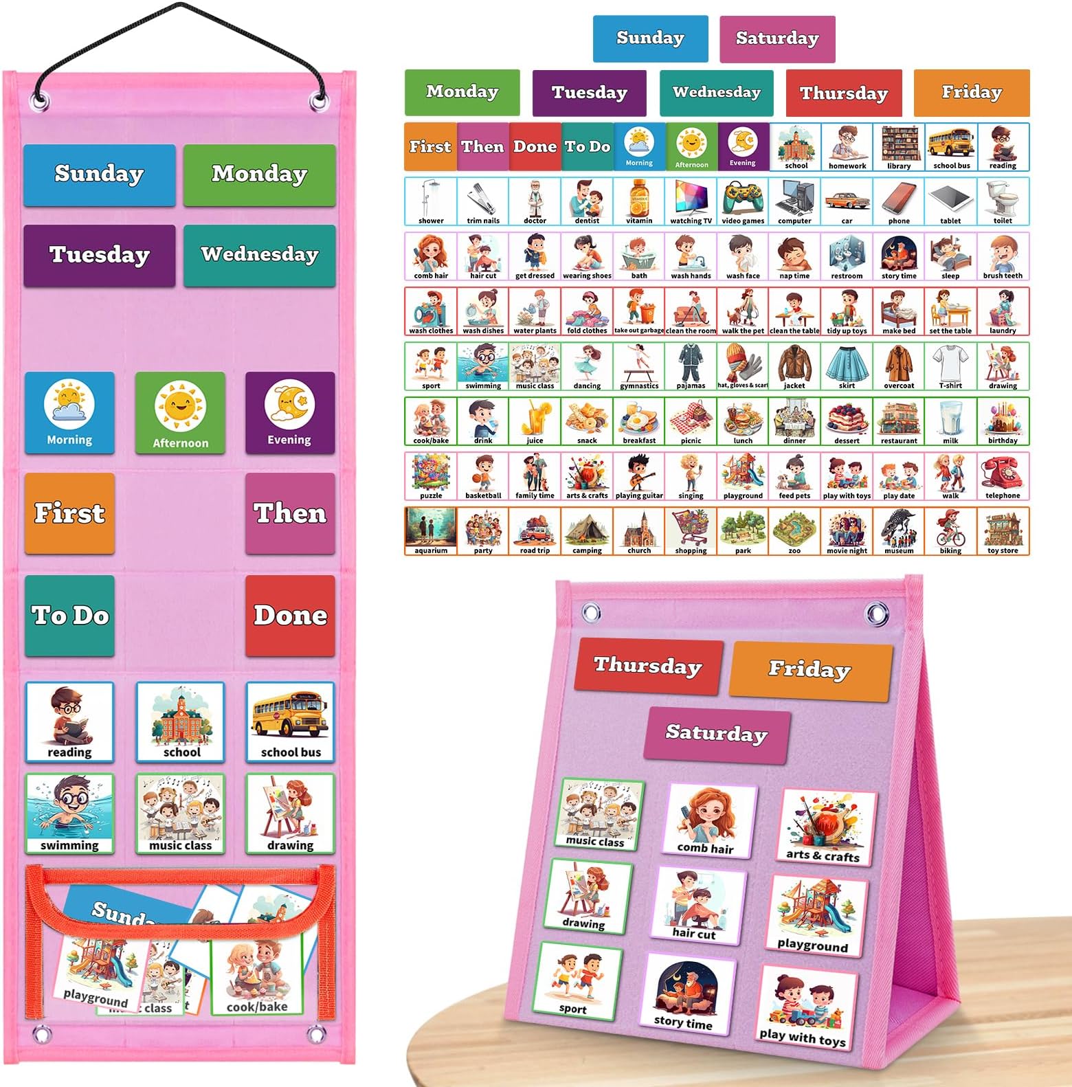 PITCOTT Visual Schedule for Kids Chore Chart，3 in 1 Daily Schedule Board Routine Pocket Chart Cards for Toddlers,Autism Learning Materials Tool Wall Planner for Home School with 103 Cards （Pink）