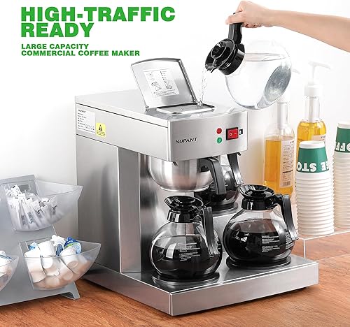 Miniatura 5 de Cafetera comercial de 12 tazas, cafetera de goteo de llenado manual con 3 jarras de vidrio, 3 calentadores, cafetera de acero inoxidable con