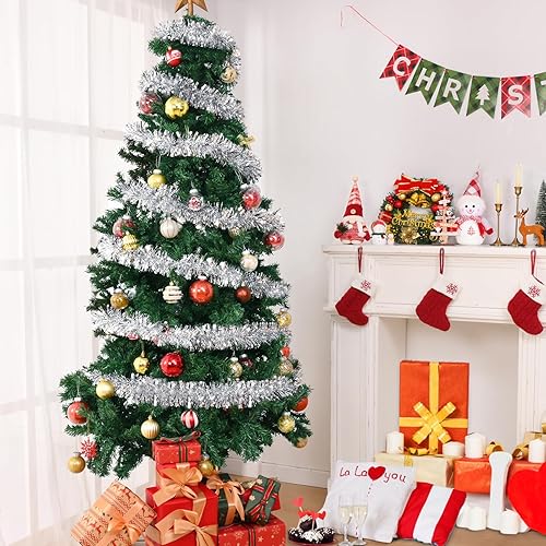 Miniatura 4 de BLEUM CADE Guirnalda de oropel de 32.8 pies, oropel de Navidad plateada, decoración de árbol de Navidad, vacaciones, cumpleaños, bodas, fiestas