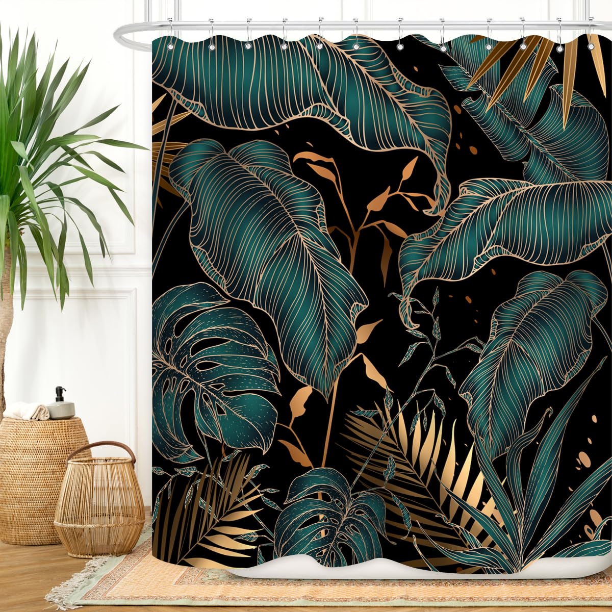 ZXMBF Green Gold Tropical Palm Leaves Shower Curtain Abstract Banana Leaf Modern Botanical Plant Nature Aesthetic Emerald Green Bathroom Decor