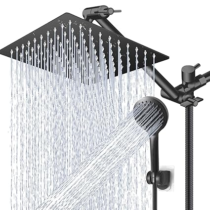 High/Low Pressure Water Rain Shower Head with 11 Inch Adjustable Extension Arm and 5 Settings Handheld Shower Head Combo,Powerful Shower Spray - Matte Black, 12 Inch