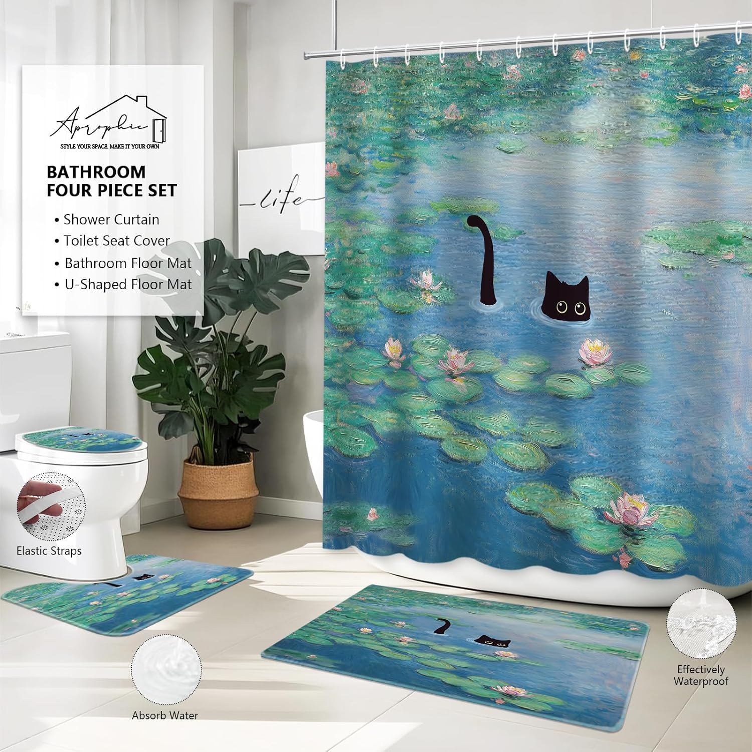APROPHIC Cat Shower Curtain Sets 4Pcs, Boho Modern Cute Black Cartoon Cat Lotus Leaves and Flowers Pond Bathroom Curtain Set with Rug, Memory Foam Toilet Lid Cover, Non-Slip U-Shape Bath Mat, 72x72 in