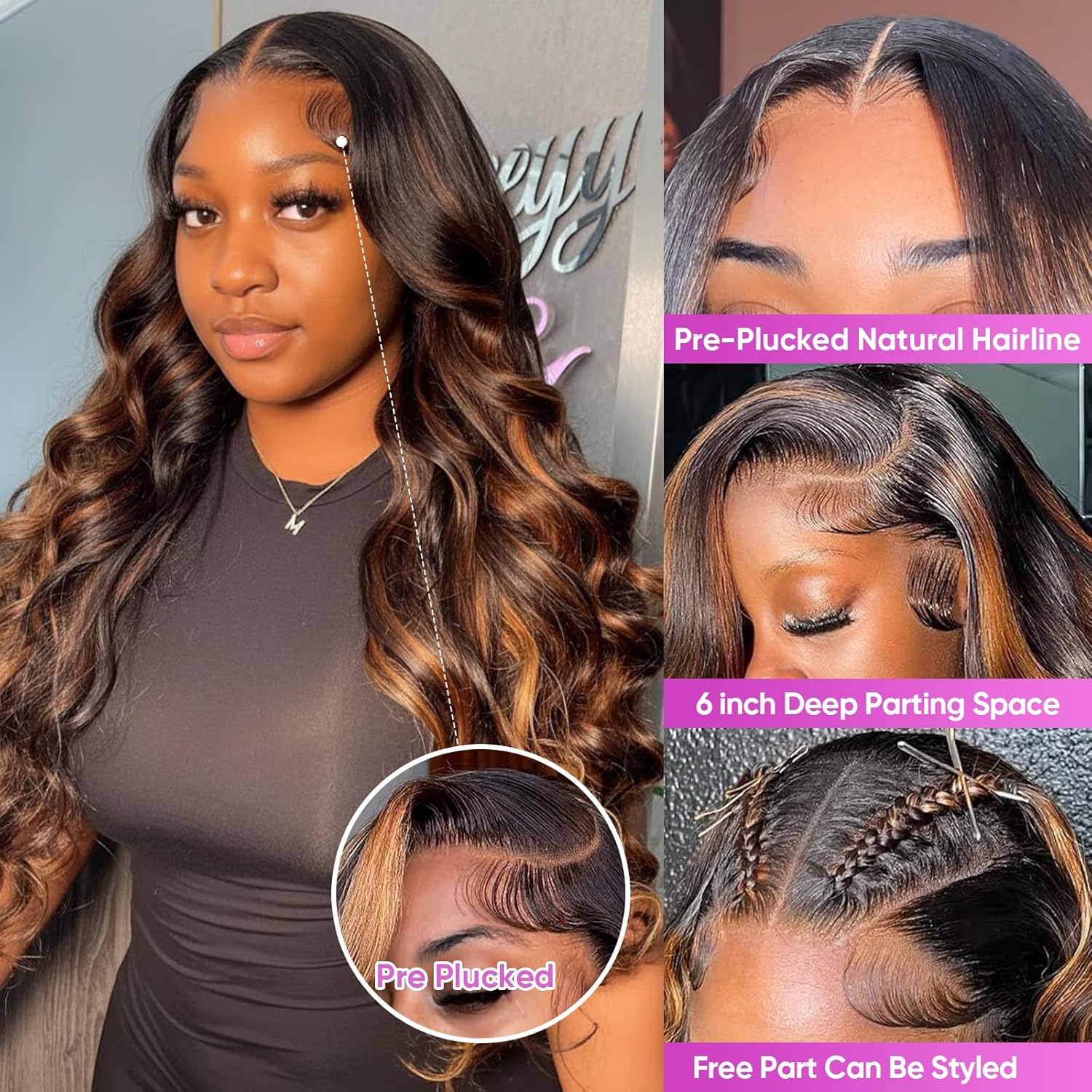 13x6 Body Wave Highlight Lace Front Wig Human Hair FB/30 Ombre Lace Front Wig Human Hair Pre Plucked HD Lace Frontal Wigs 200% Density Colored Ombre Wig For Women 30 Inch - Image 2