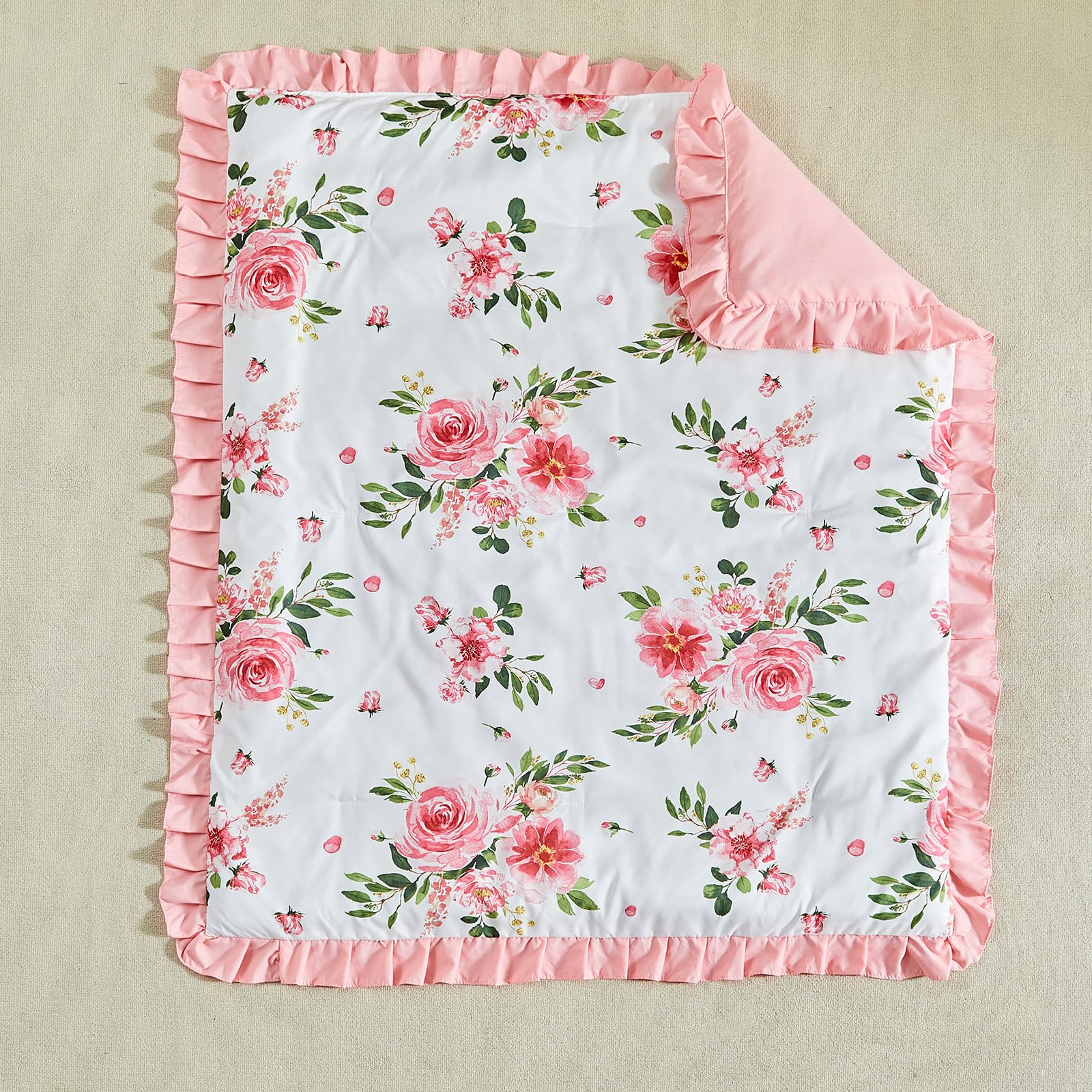 Juego de ropa de cama de 3 piezas para cuna, edredón acolchado con volantes para bebé, sábana bajera ajustable y falda de cama, bonita ropa de cama de bebé con volantes, manta suave con diseño floral