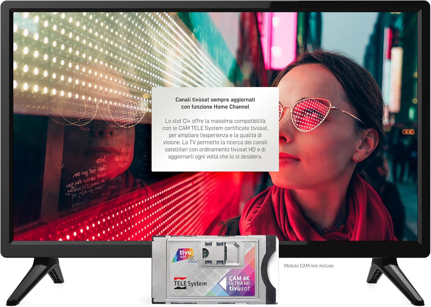 TELE System TV screen displaying information about Tivùsat channels and a CI+ CAM module