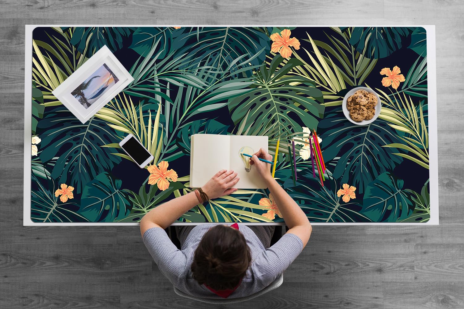 Sottomano da Scrivania 120x60 cm Impermeabile in Vinile PVC Protezione e Decorazione Facile da Pulire Superficie Protettiva per Ufficio e Casa Antiscivolo - Fiori e foglie