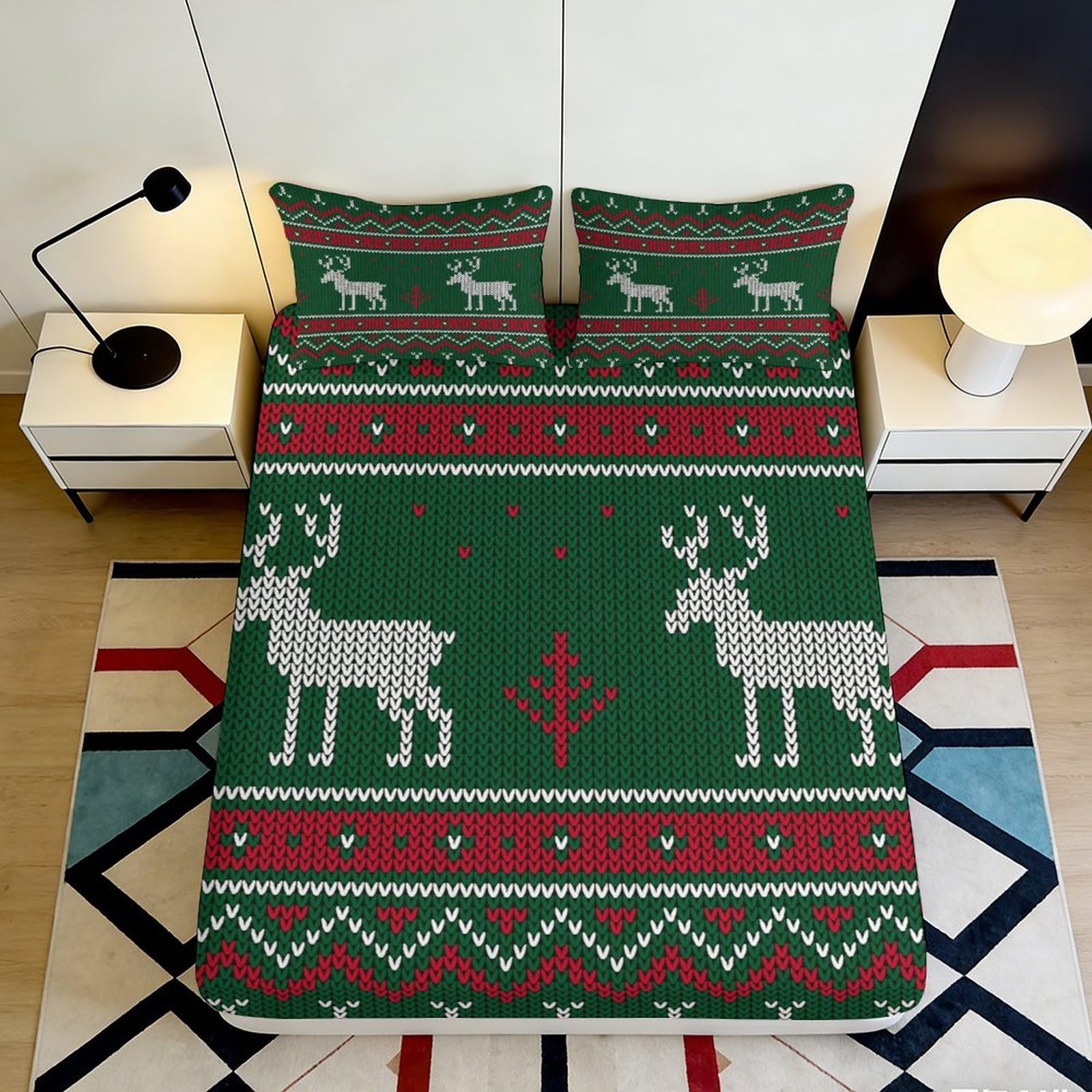3D Printed Christmas Reindeer Fitted Sheet Microfiber Soft Green Red Nordic Tree Bed Cover for Bedroom Guest Room 90x200x25cm