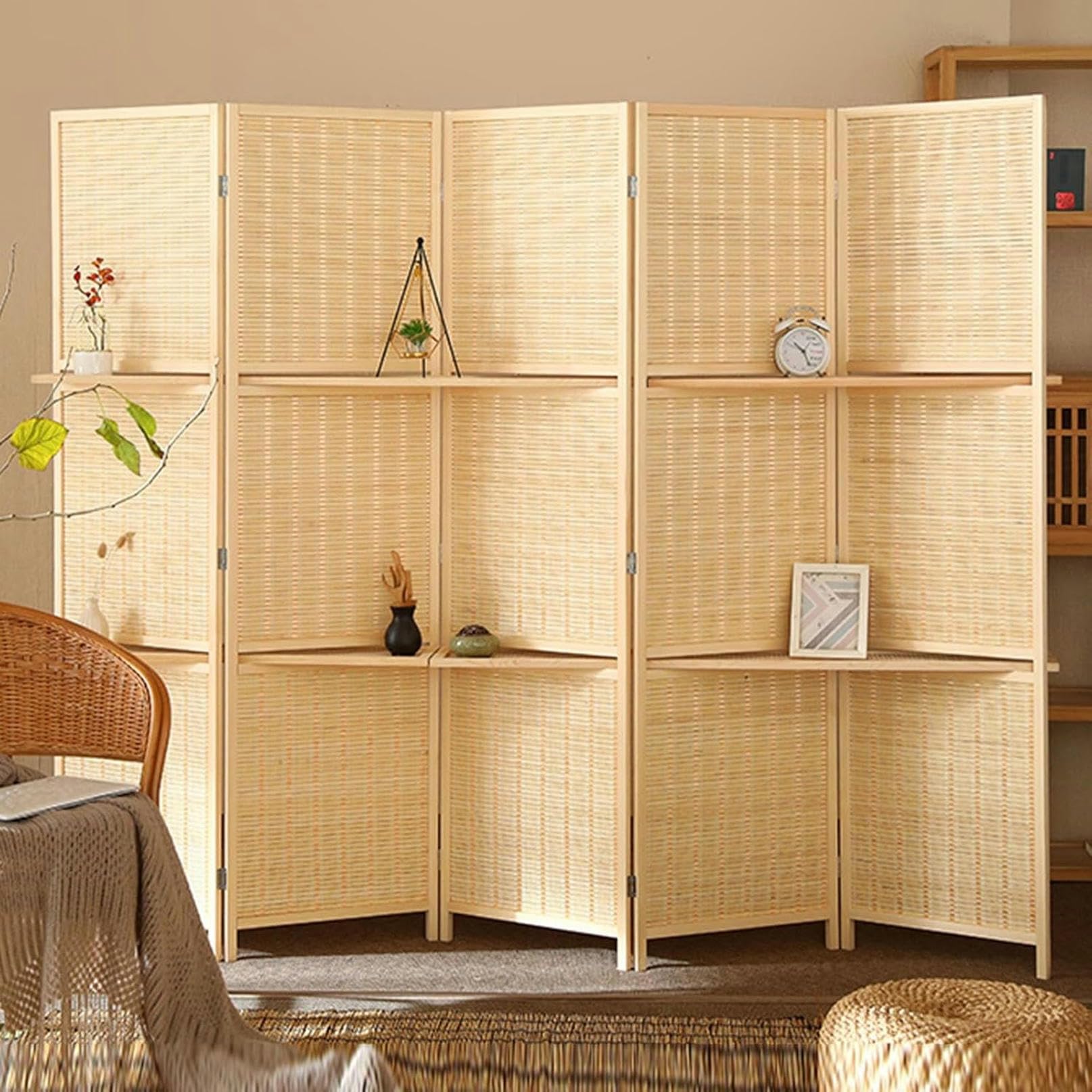 Séparateur de pièce pliable avec étagère occultant de 3 à 6 panneaux