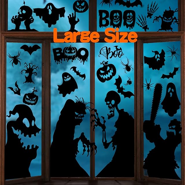RMMD® Large Halloween Window Stickers Monster/Zombie Scary Halloween Window Decorations Pumpkin/Bat/Spider/Ghost/Skeleton Halloween Window Clings Creepy Double-Sided Window Silhouette