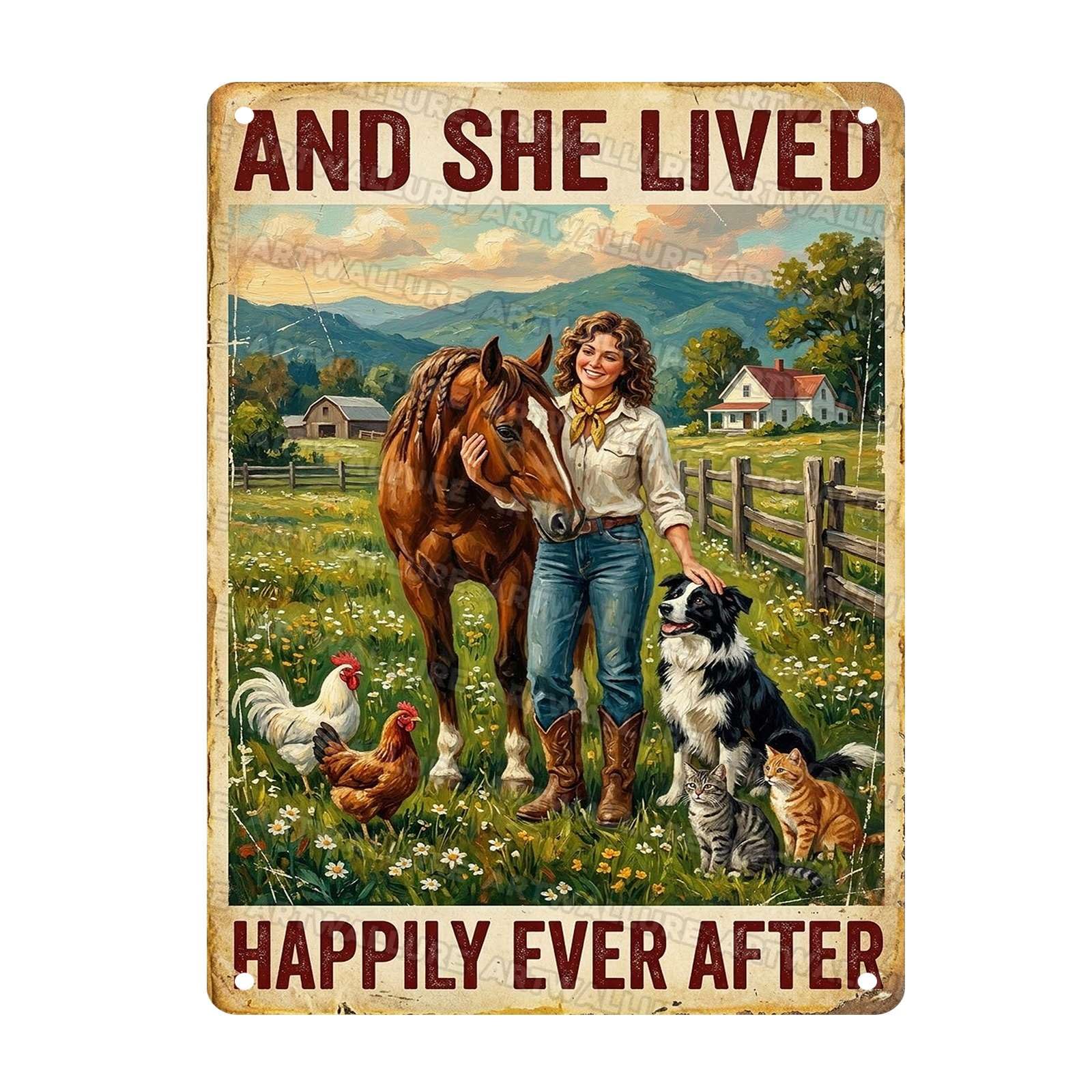 Vintage Tin Sign Wall Decor Heartwarming Farmhouse Art And She Lived Happily Ever After Animal Plaque Women Girls Farmers Living Room Bedroom Barn Farmhouse 12x16Inch