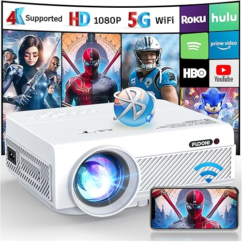 Projector with WiFi and Bluetooth, FUDONI 5G WiFi Native 1080P Outdoor Projector 15000L Support 4K, Portable Movie Projector with Screen and Max 300", for iOS/Android/Laptop/TV Stick/HDMI/USB/VGA/TF