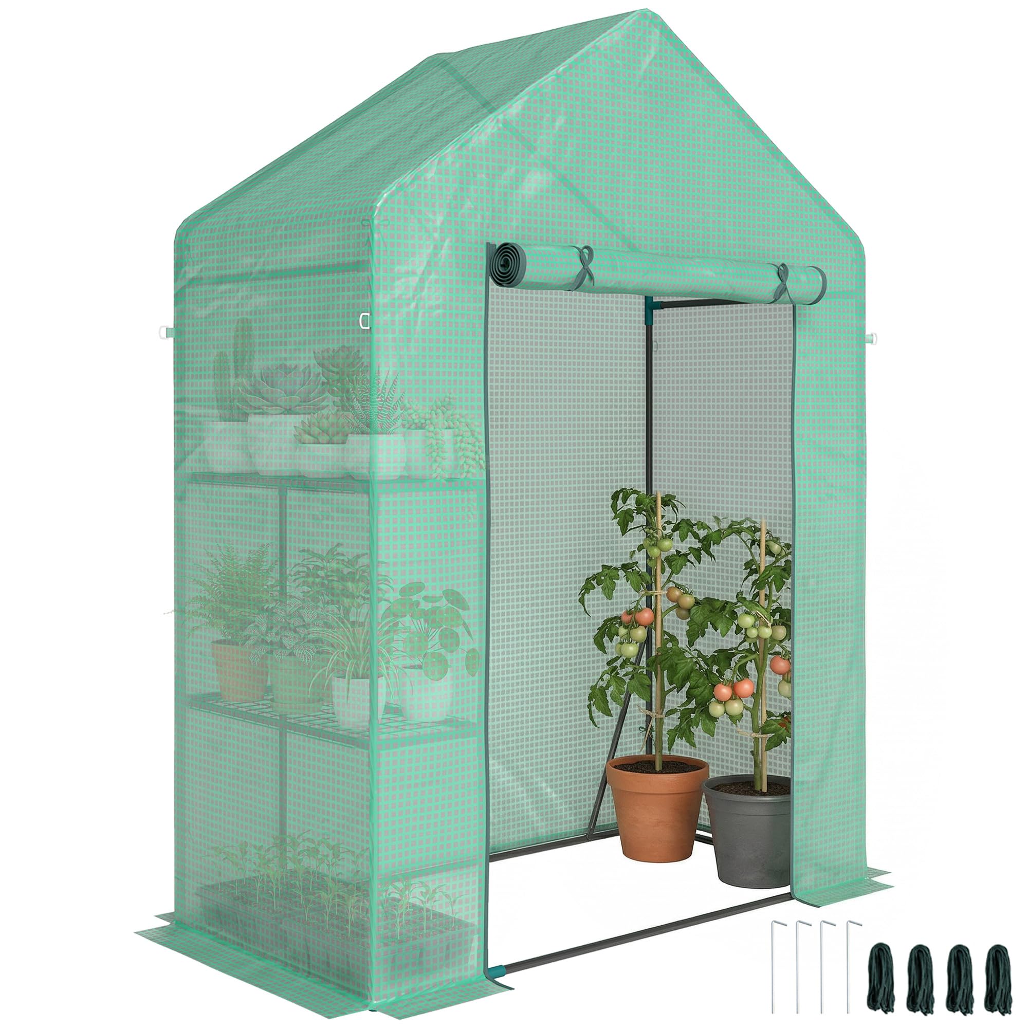 Outsunny Serra da Giardino con Porta Avvolgibile e Scaffale a 2 Ripiani, Serra per Orto con Struttura in Acciaio e Copertura PE, per Piante Orto Verdure Fiori Frutta, Anti UV, 143x73x195 cm, Verde