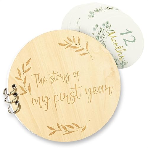 Miniatura 1 de Milestone Moments Álbum de fotos de primer bebé con 12 tarjetas mensuales escritas, bonito libro de recuerdos, cubierta de madera natural, páginas