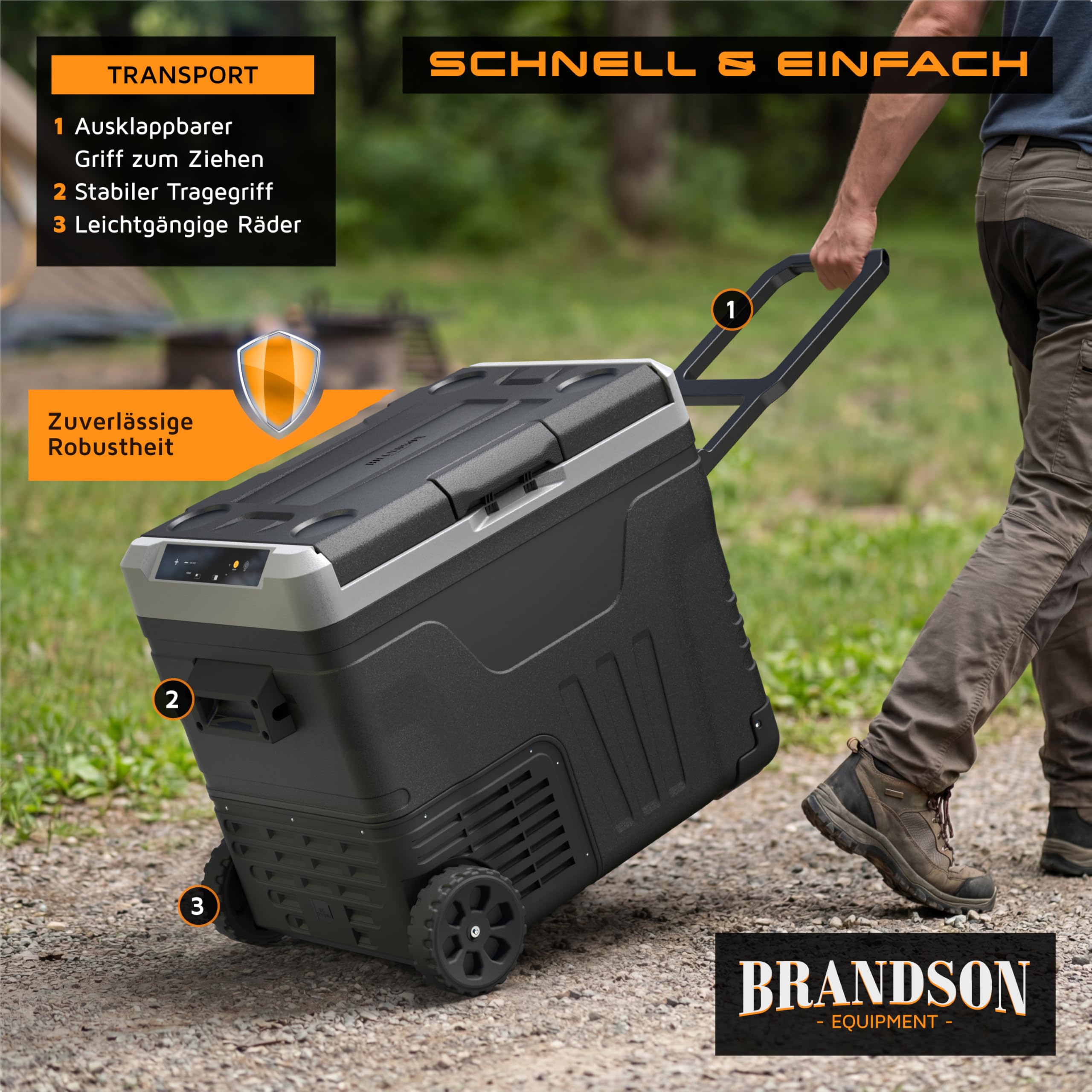 Brandson - Kompressor Kühlbox elektrisch - 2 Zonen / 2 Fächer 46 Liter – ECO Modus - LED Display – Gefriertruhe Kühlung bis -20°C - 12V - 230V – Batteriewächter - Auto Camping Festival LKW Boot