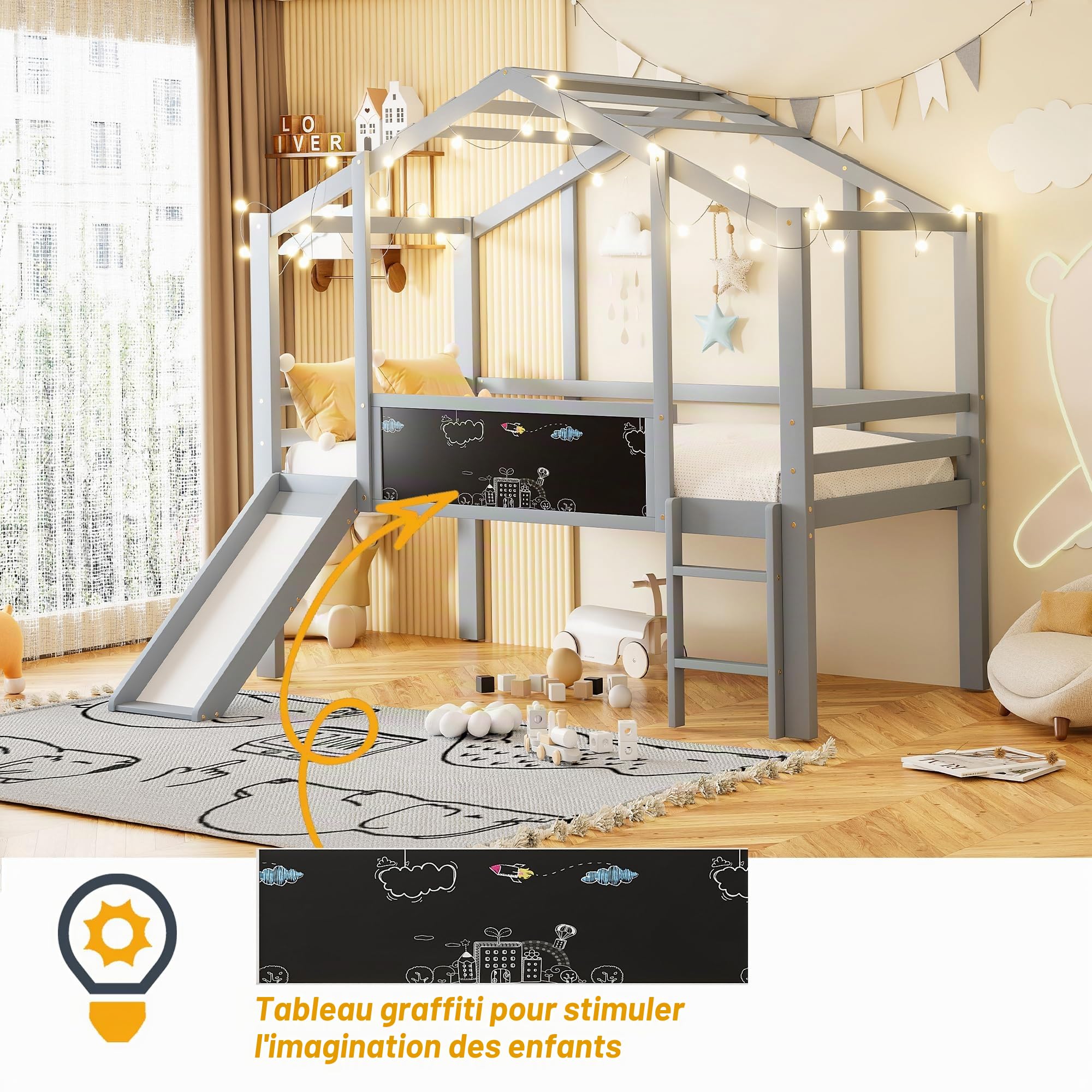 Merax Lit pour enfant 90 x 200 cm, lit mezzanine en bois massif, design maison avec toboggan, tableau graffiti, lit multifonction, lit simple, lit de jeu peu encombrant pour chambre d'enfant, gris