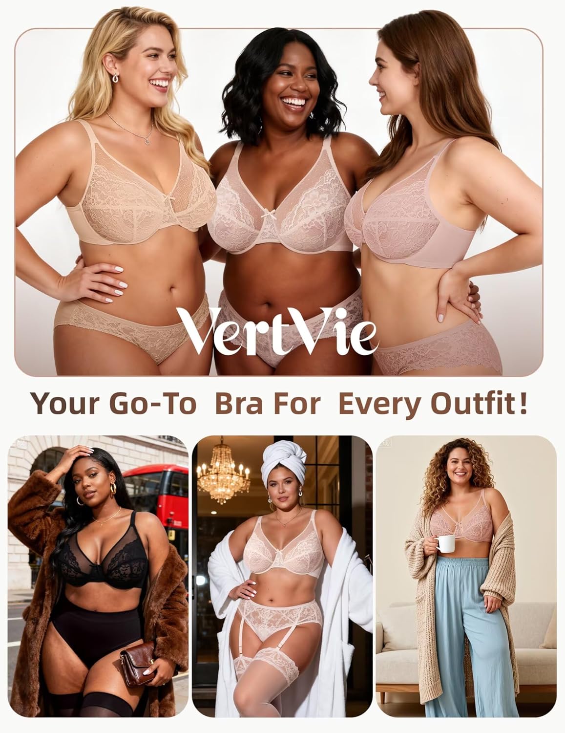 Vertvie Minimizer Bras for Women Full Coverage Underwire Supportive Bra Plus Size Lift Unlined Lace Bralette for Large Bust - Image 5