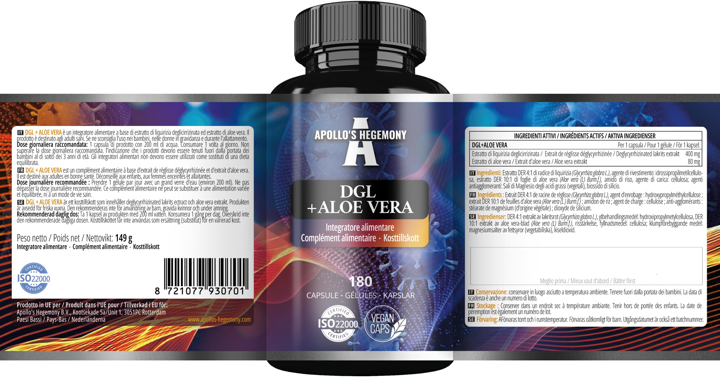 DGL + Aloe Vera (polvere di liquirizia e aloe vera) 500 mg - 180 capsule vegane - 6 mesi di fornitura - integratore di supporto alla digestione e alla resistenza - da Apollo's Hegemony